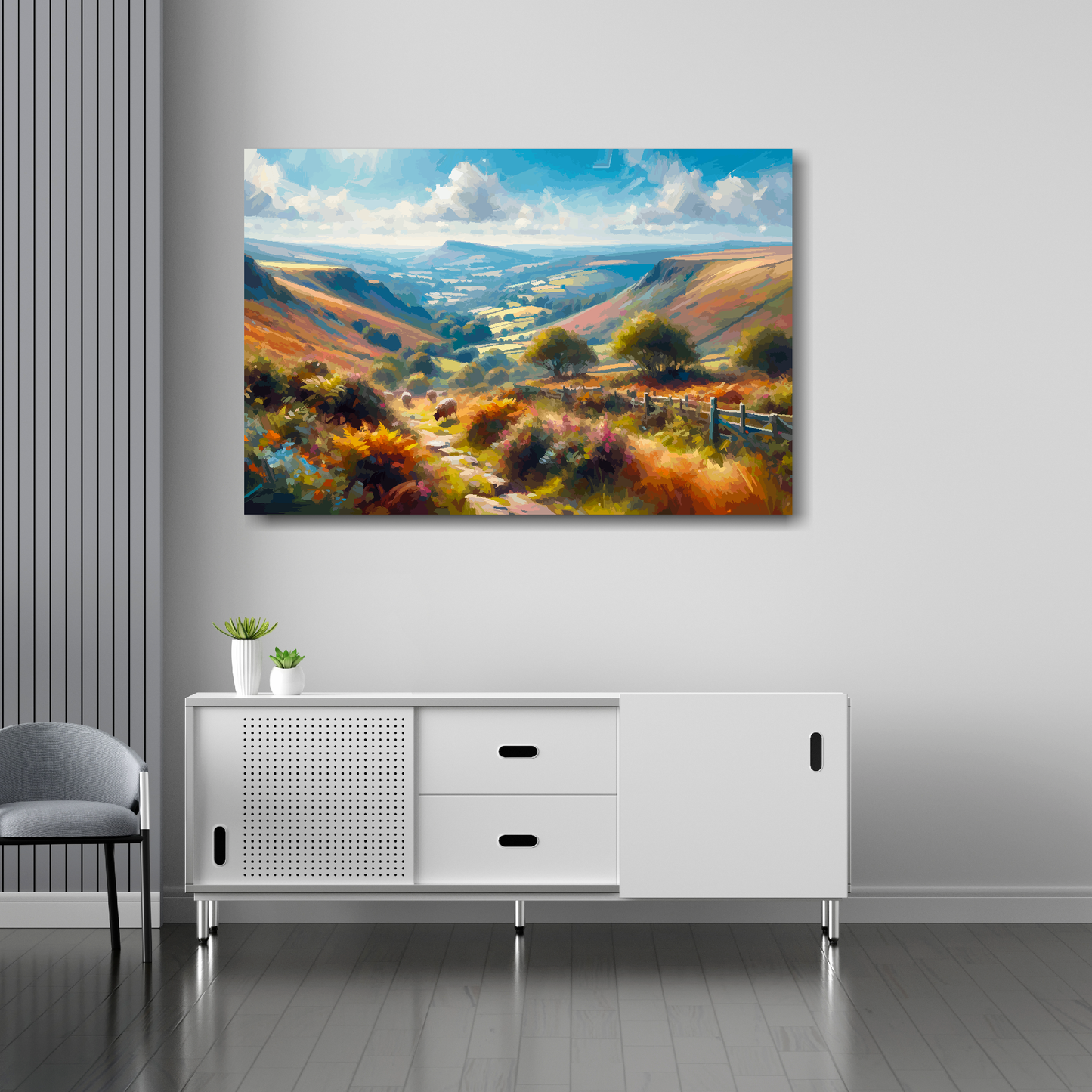 Exmoor canvas 36x24 inches above sideboard - large colourful UK countryside art made in Britain