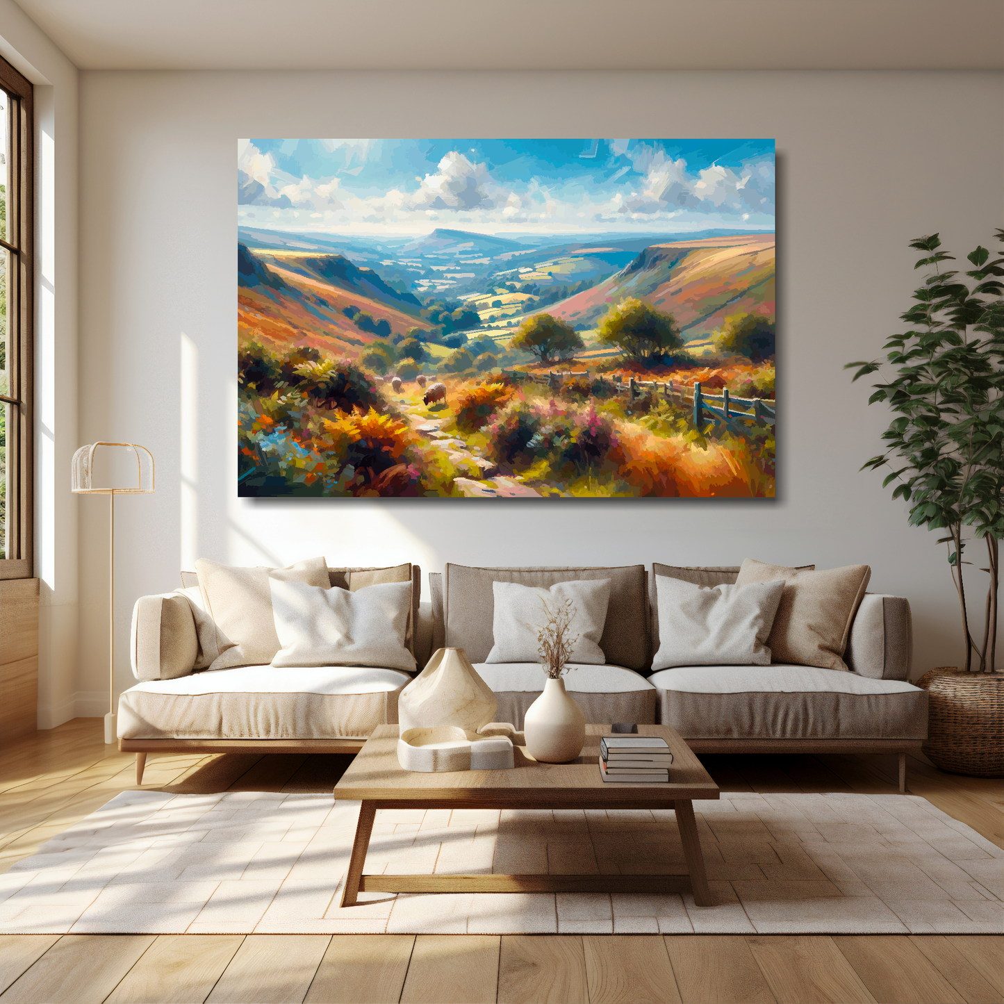 Exmoor canvas 60x40 inches above cream sofa - XL vibrant UK countryside wall art