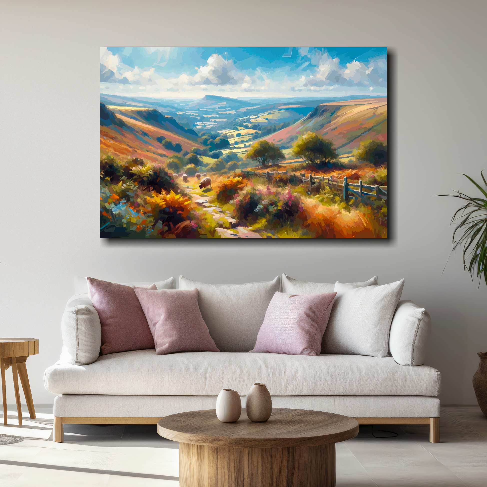 Large Exmoor canvas above white sofa - vibrant abstract UK countryside wall art
