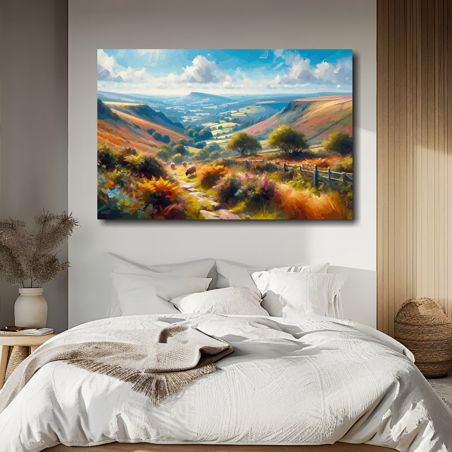 Exmoor canvas above bed - colourful UK countryside wall decor for bedrooms