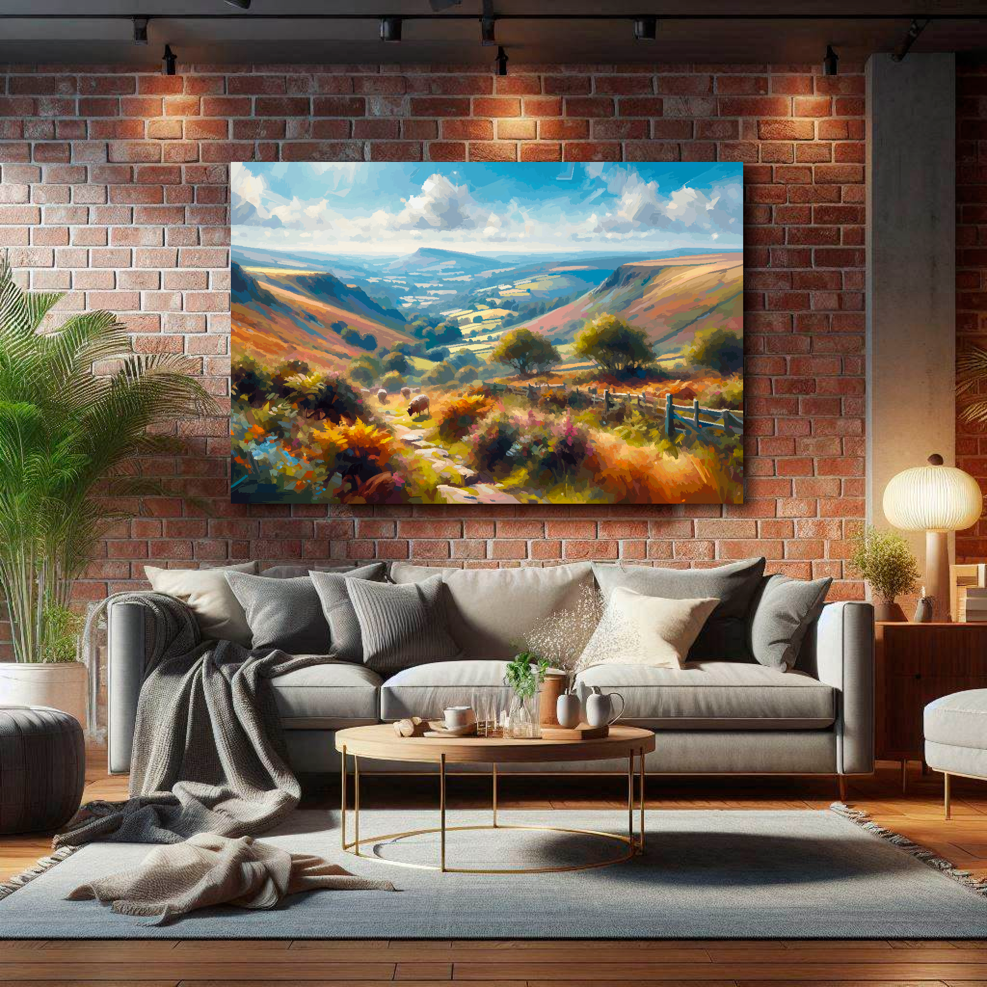Large Exmoor canvas on brick wall above grey sofa - bold UK countryside art living room