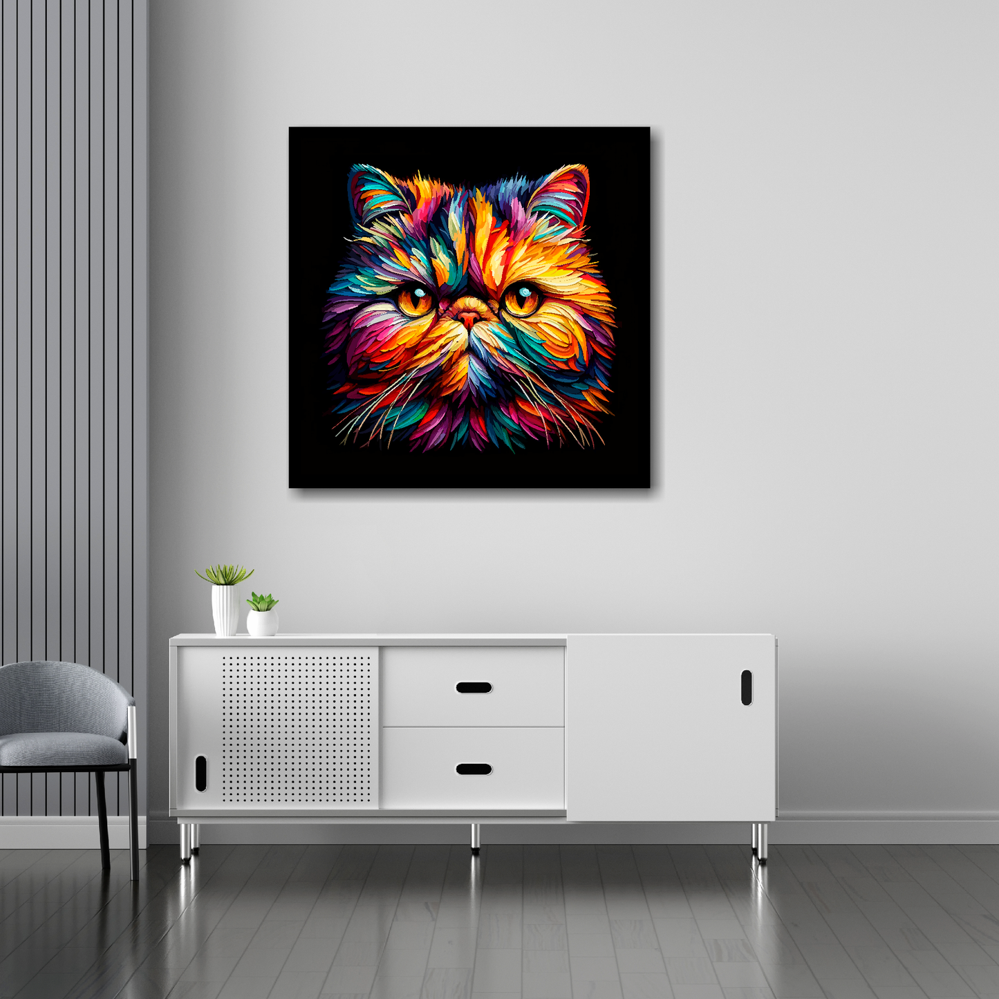 Exotic Shorthair cat canvas 30x30 inches above sideboard - large colourful cat portrait UK made