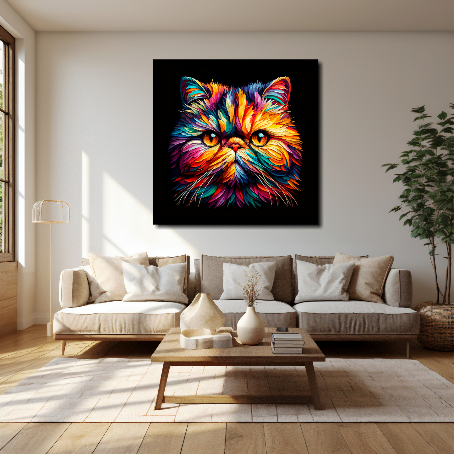 Exotic Shorthair cat canvas 40x40 inches above cream sofa - XL vibrant cat wall art UK