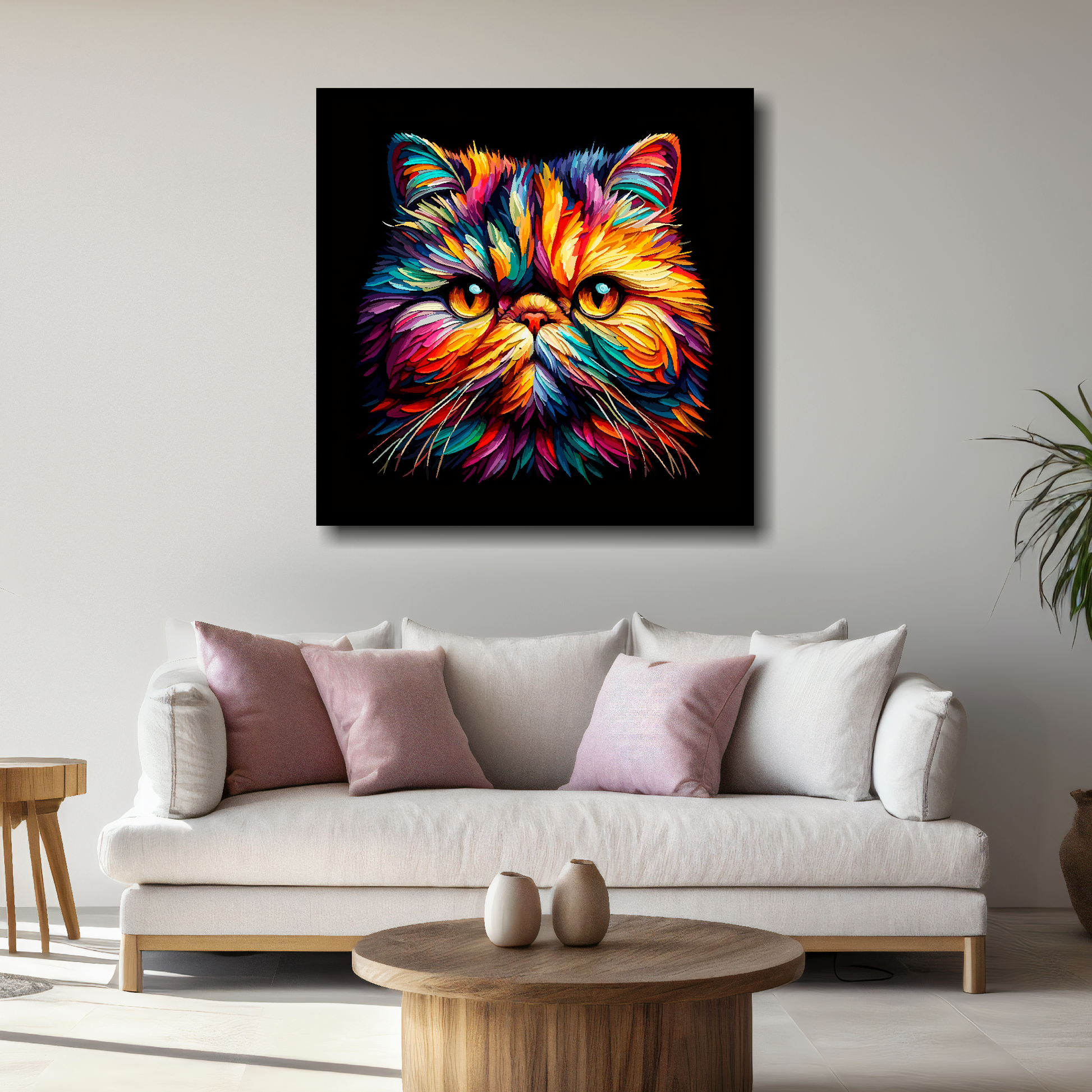 Large Exotic Shorthair cat canvas above white sofa - vibrant abstract cat portrait wall art UK