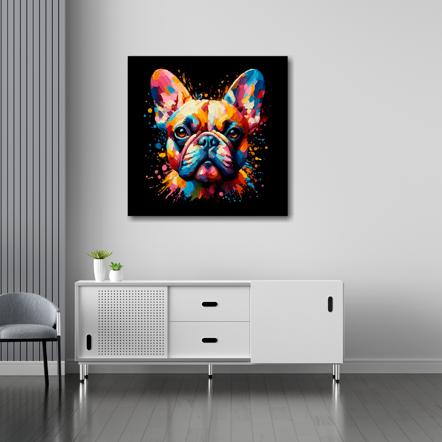 French Bulldog canvas 30x30 inches above sideboard - large colourful dog portrait UK made