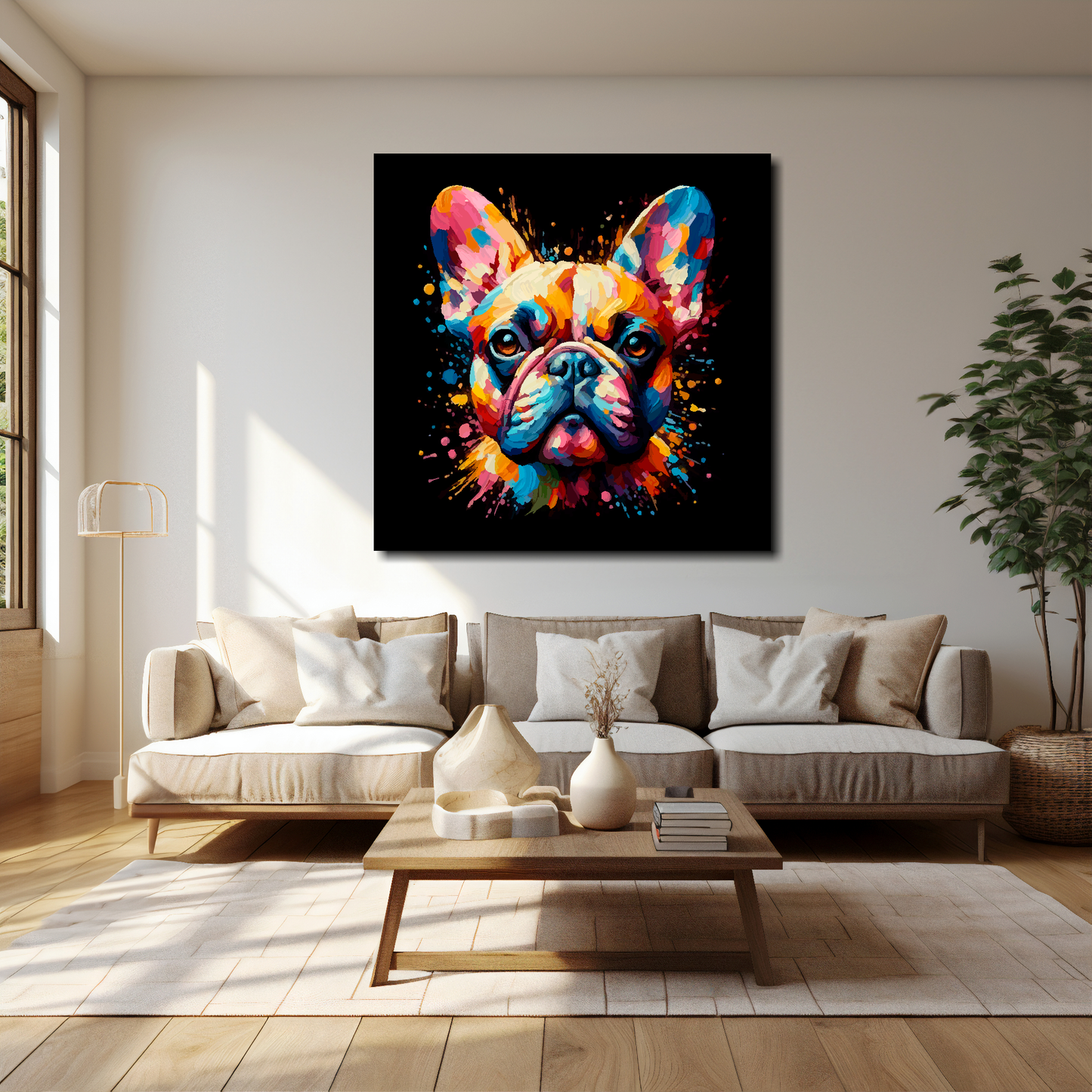 French Bulldog canvas 40x40 inches above cream sofa - XL vibrant dog wall art UK