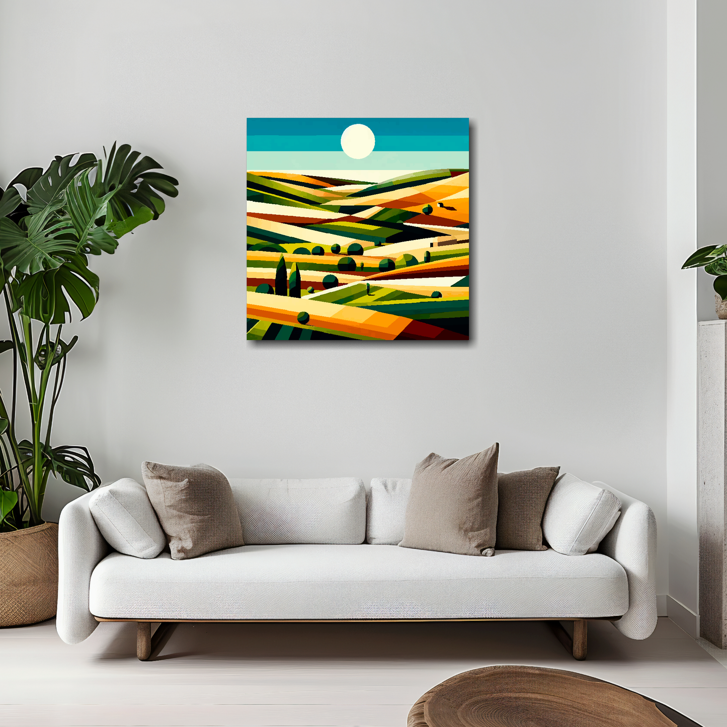 Field landscape canvas 20x20 inches above white sofa - cubism countryside wall art UK