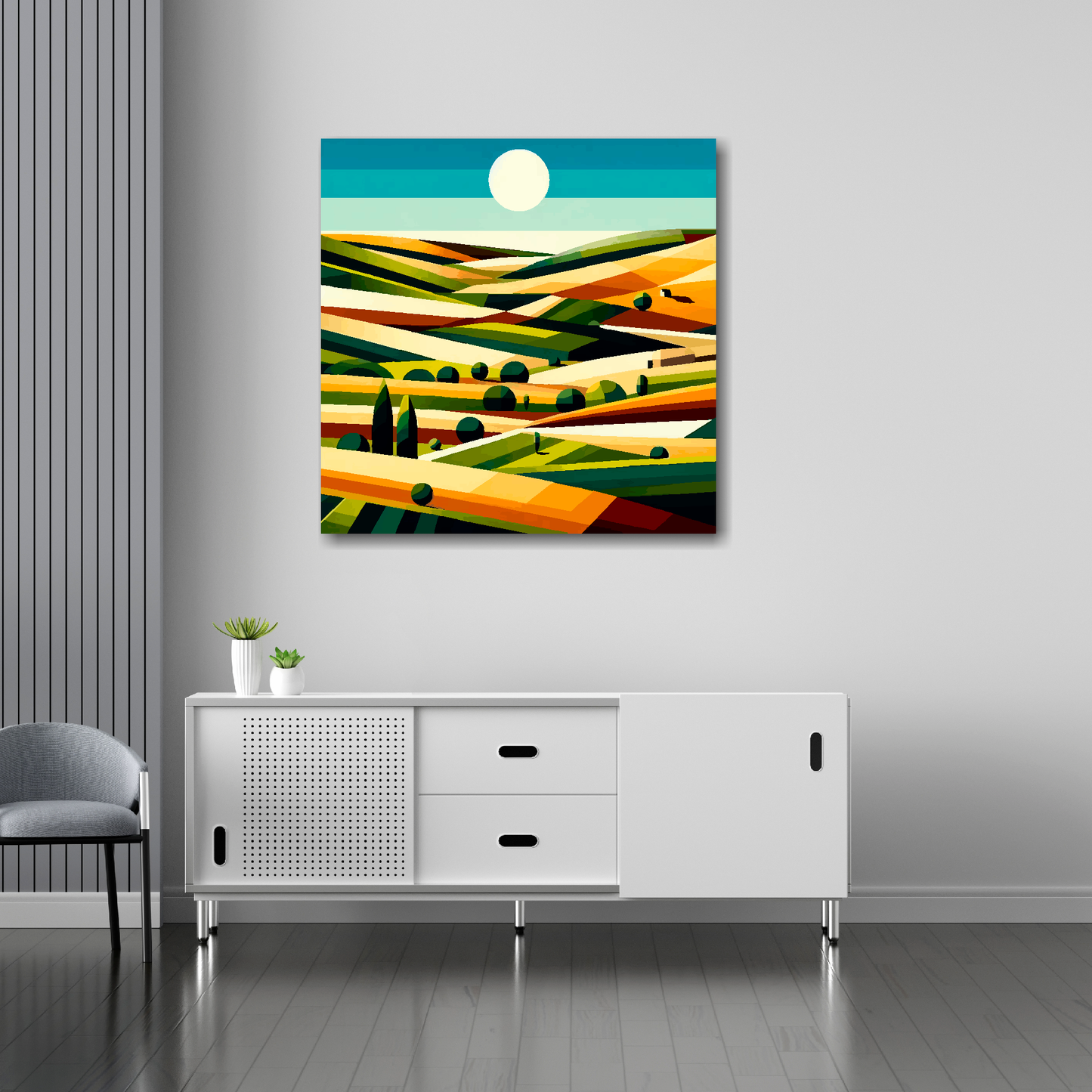 Field landscape canvas 30x30 inches above sideboard - large colourful countryside art UK made