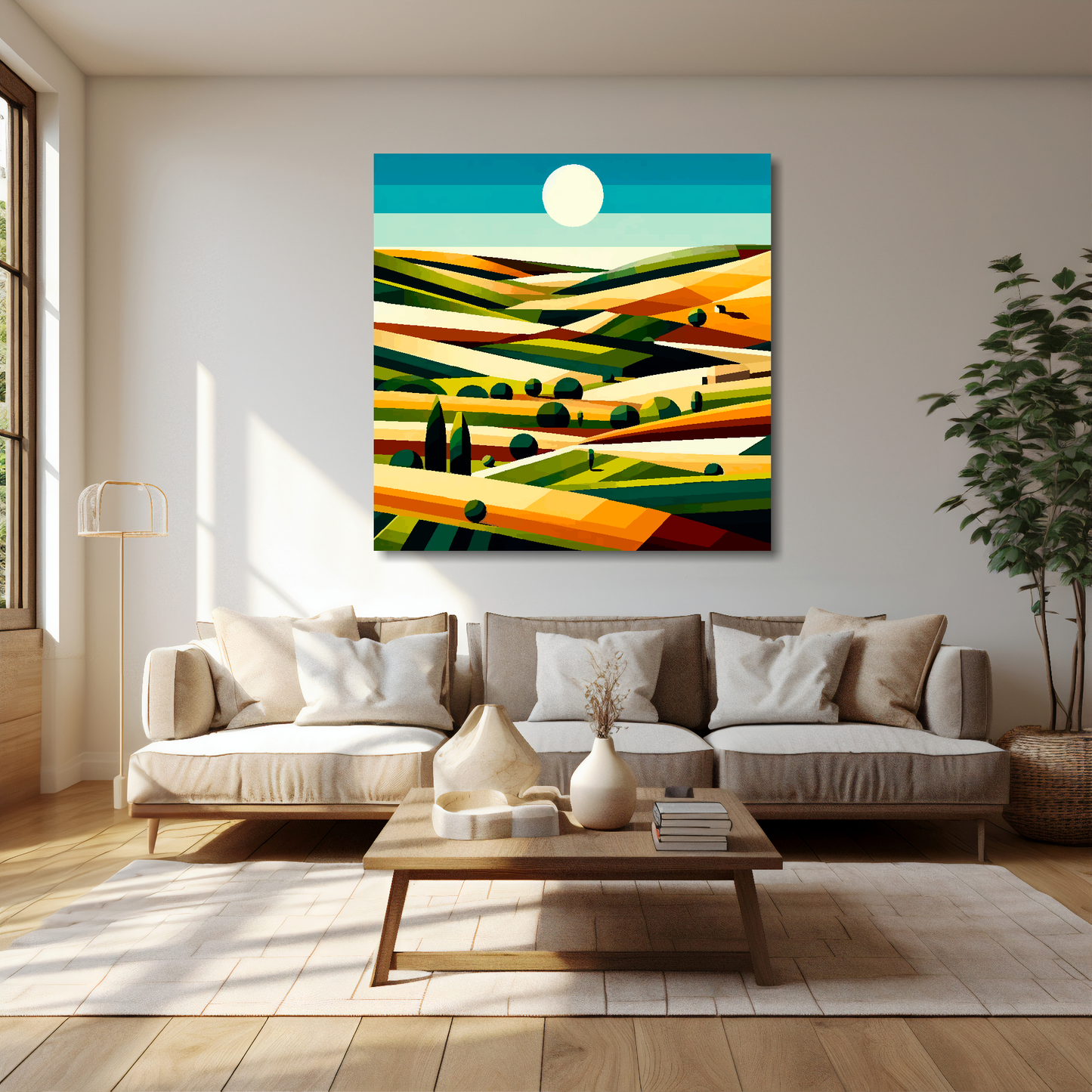 Field landscape canvas 40x40 inches above cream sofa - XL vibrant cubism wall art UK