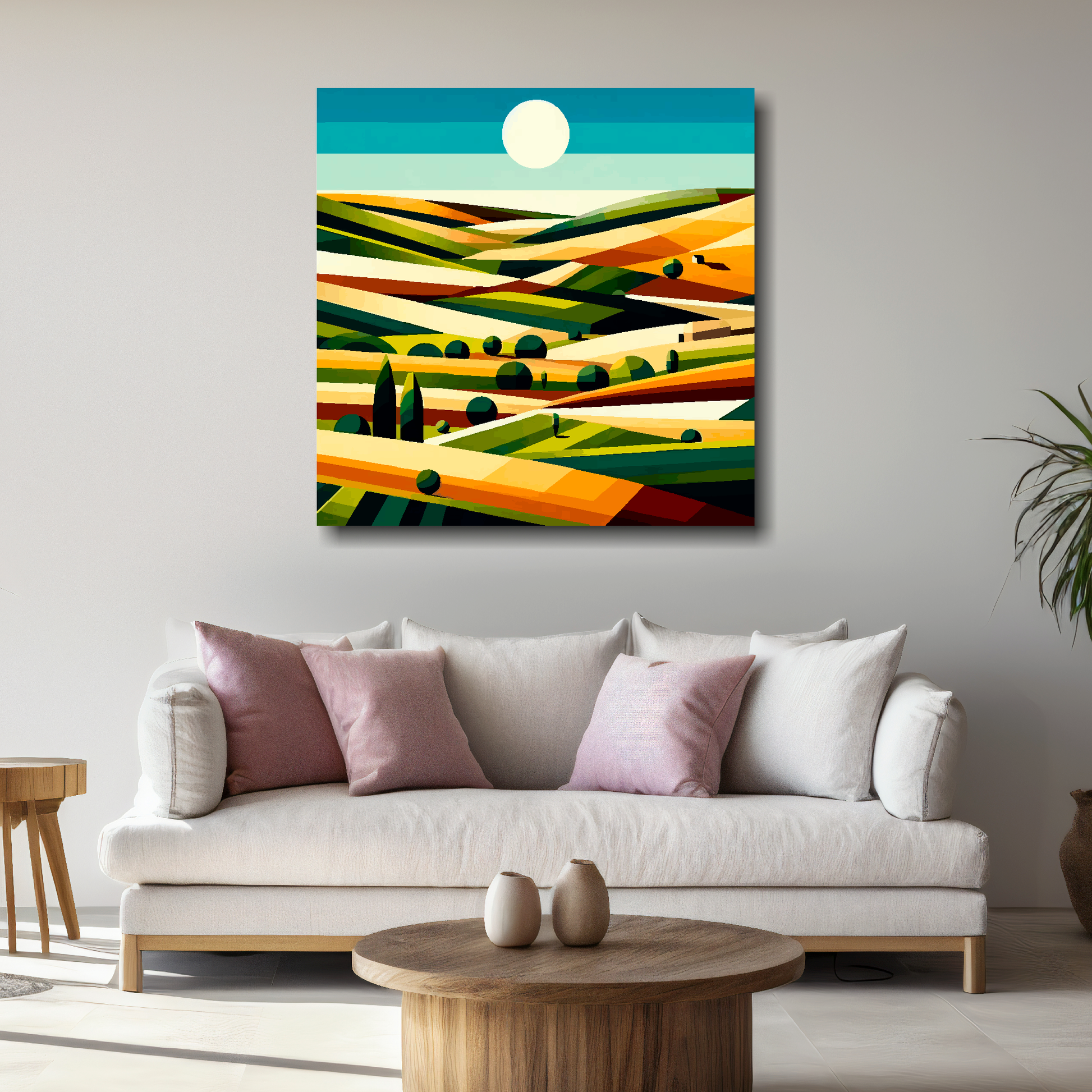 Large field landscape canvas above white sofa - vibrant abstract countryside cubism wall art UK