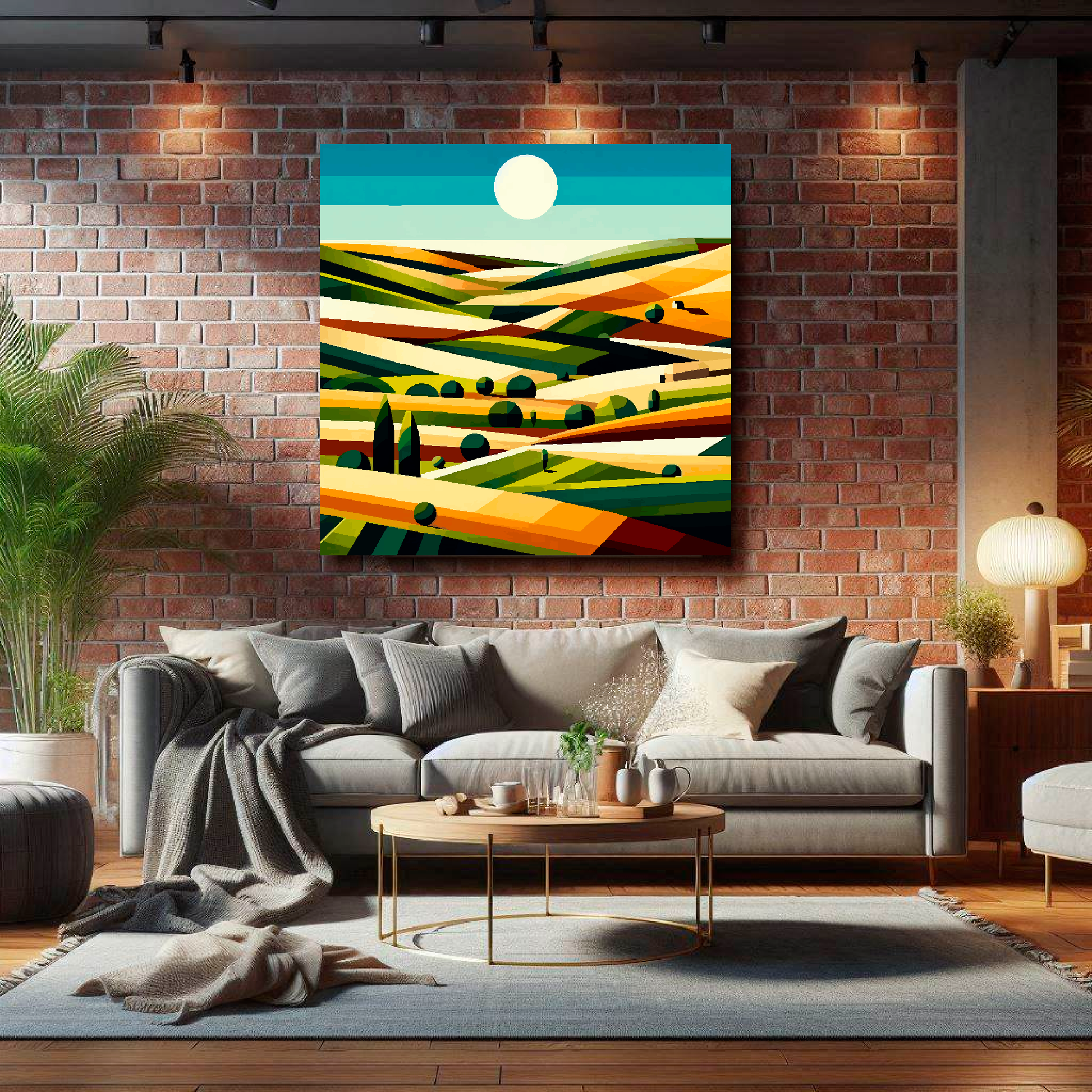 Large field landscape canvas on brick wall above grey sofa - bold countryside cubism art UK 