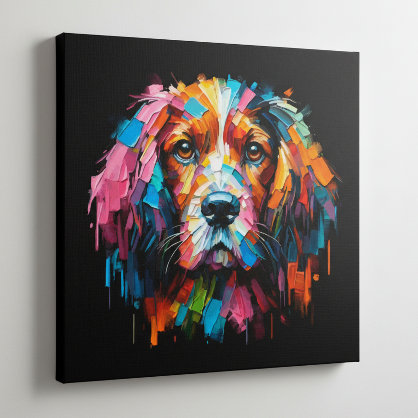 Colourful Field Spaniel dog portrait canvas print - UK made abstract pet wall art black background