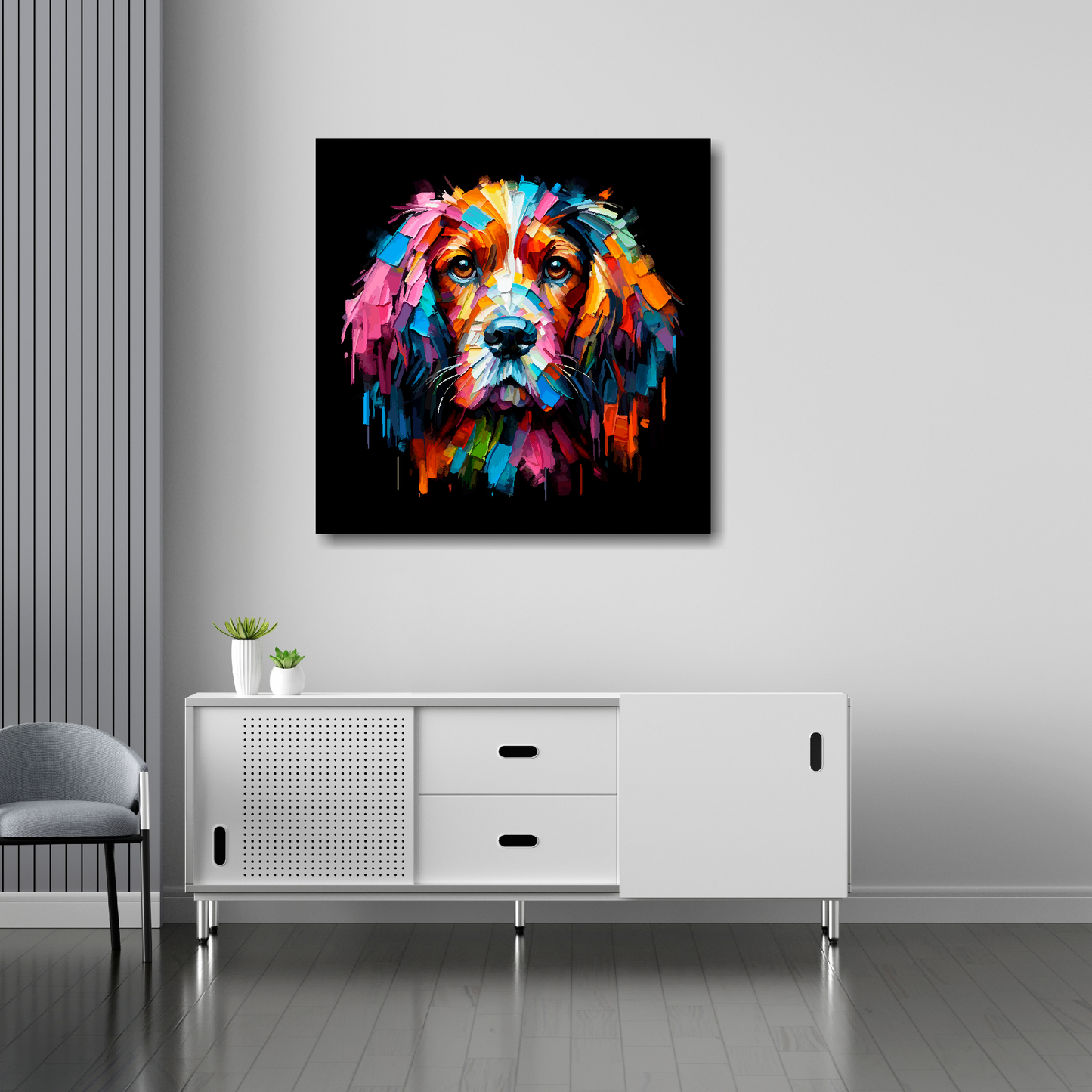 Field Spaniel canvas 30x30 inches above sideboard - large colourful dog portrait UK made