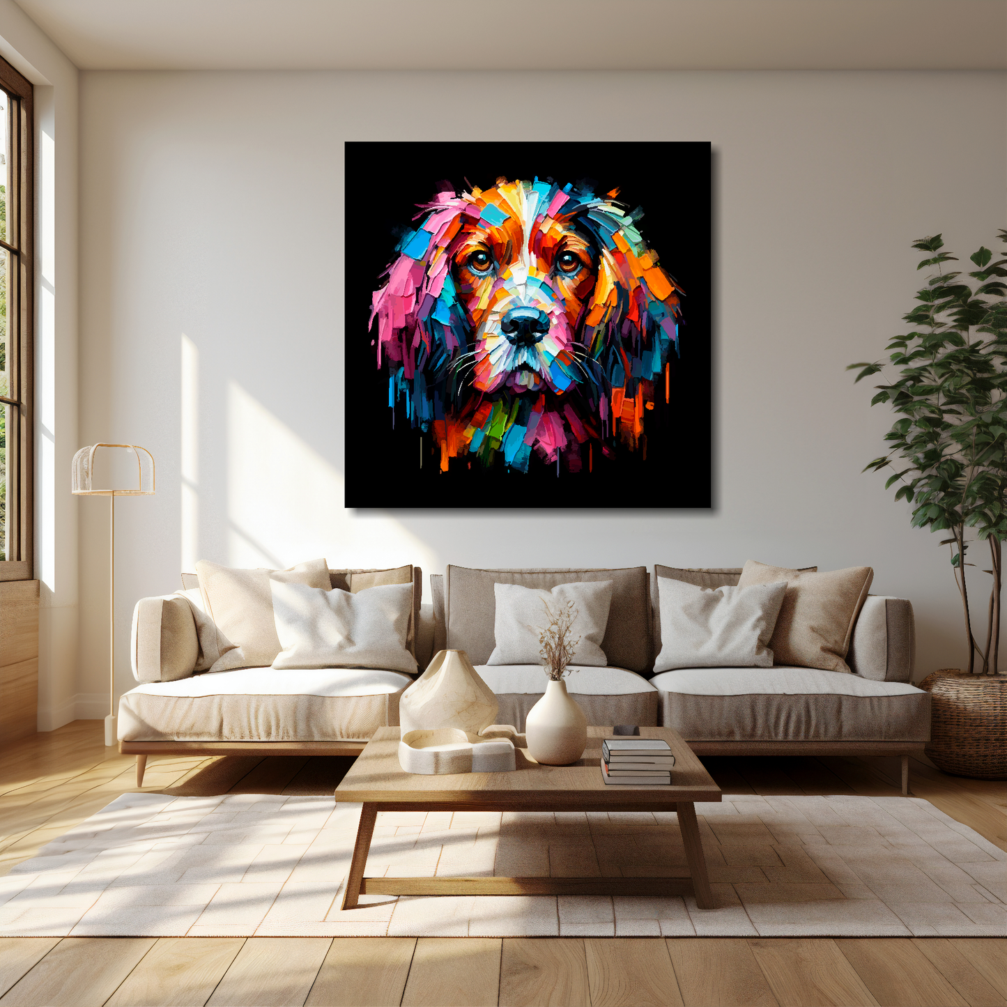 Field Spaniel canvas 40x40 inches above cream sofa - XL vibrant dog wall art UK