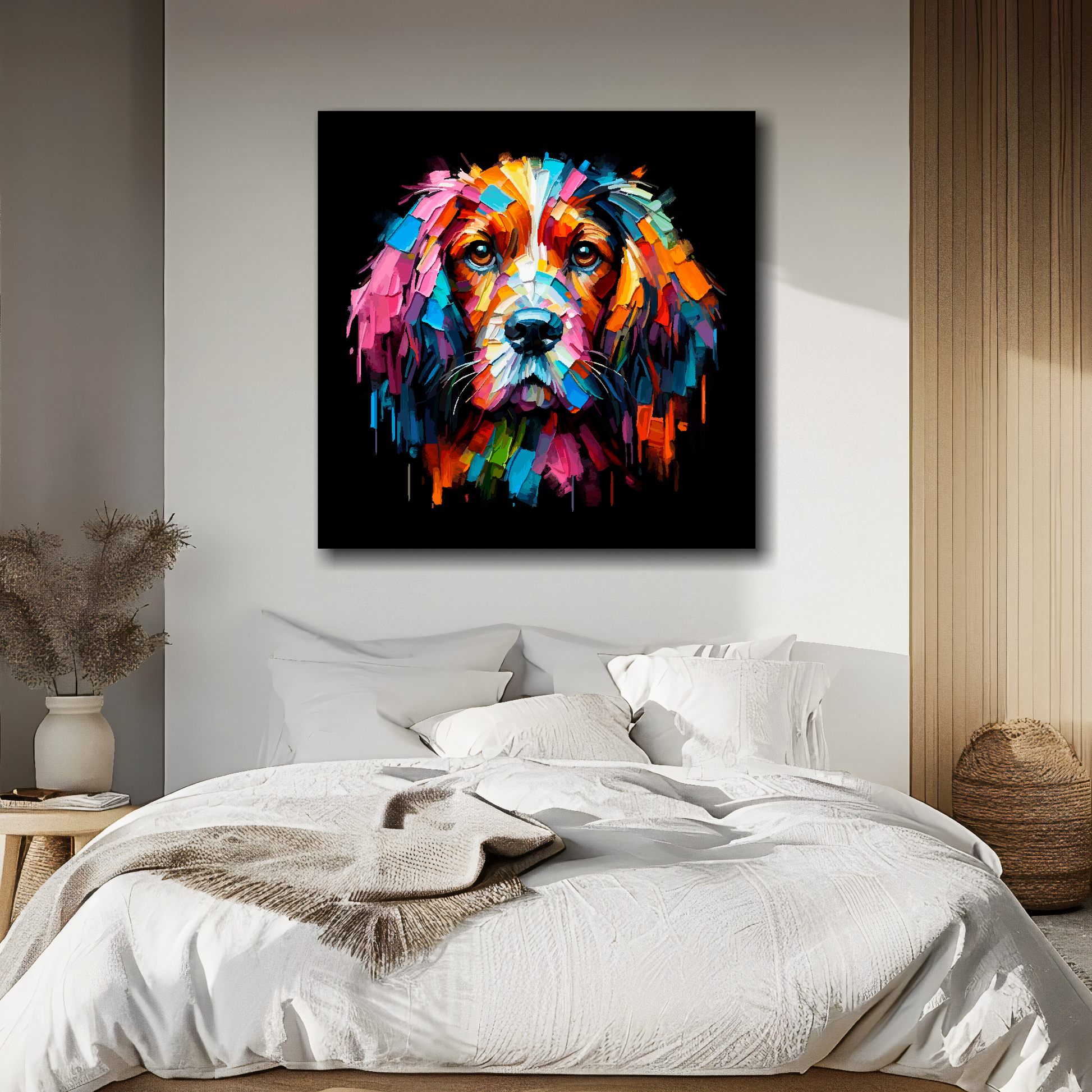 Field Spaniel portrait canvas above bed - colourful dog wall decor for UK bedrooms