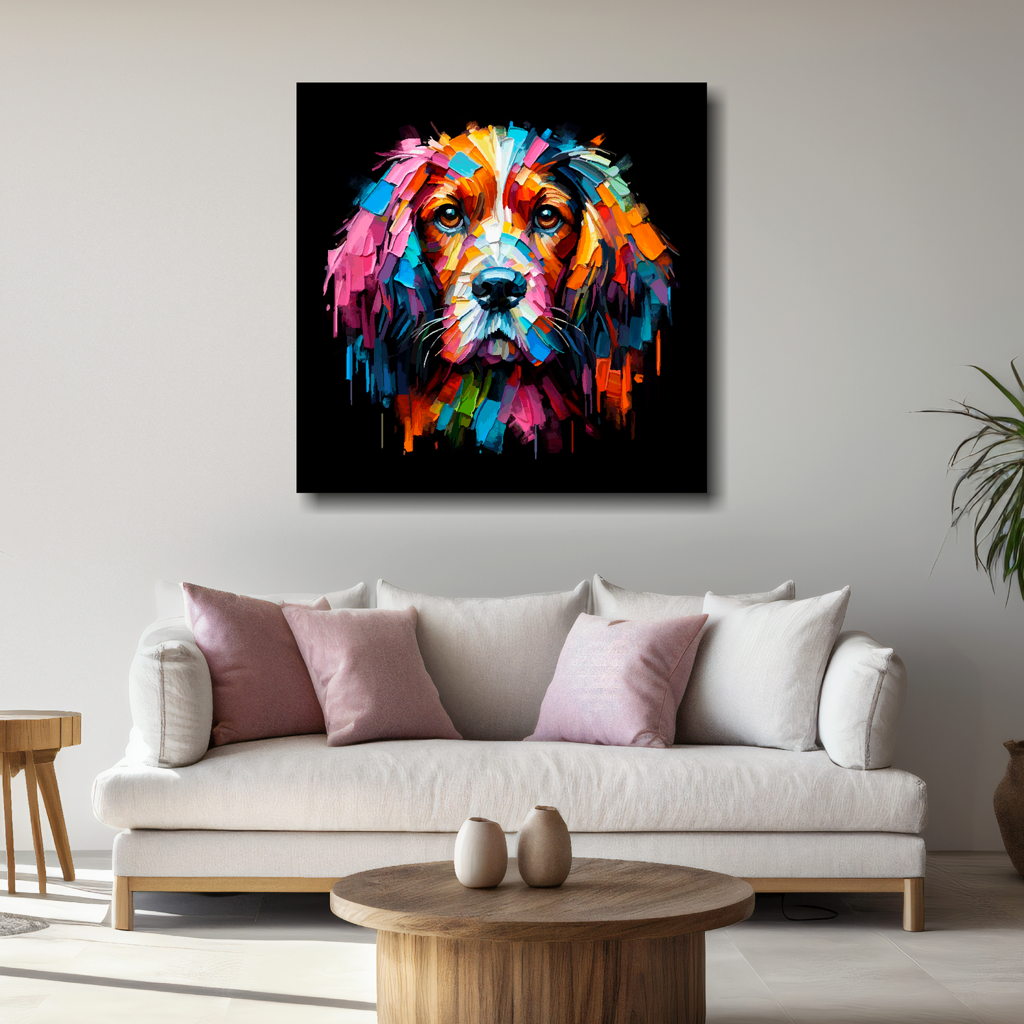 Large Field Spaniel canvas above white sofa - vibrant abstract dog portrait wall art UK