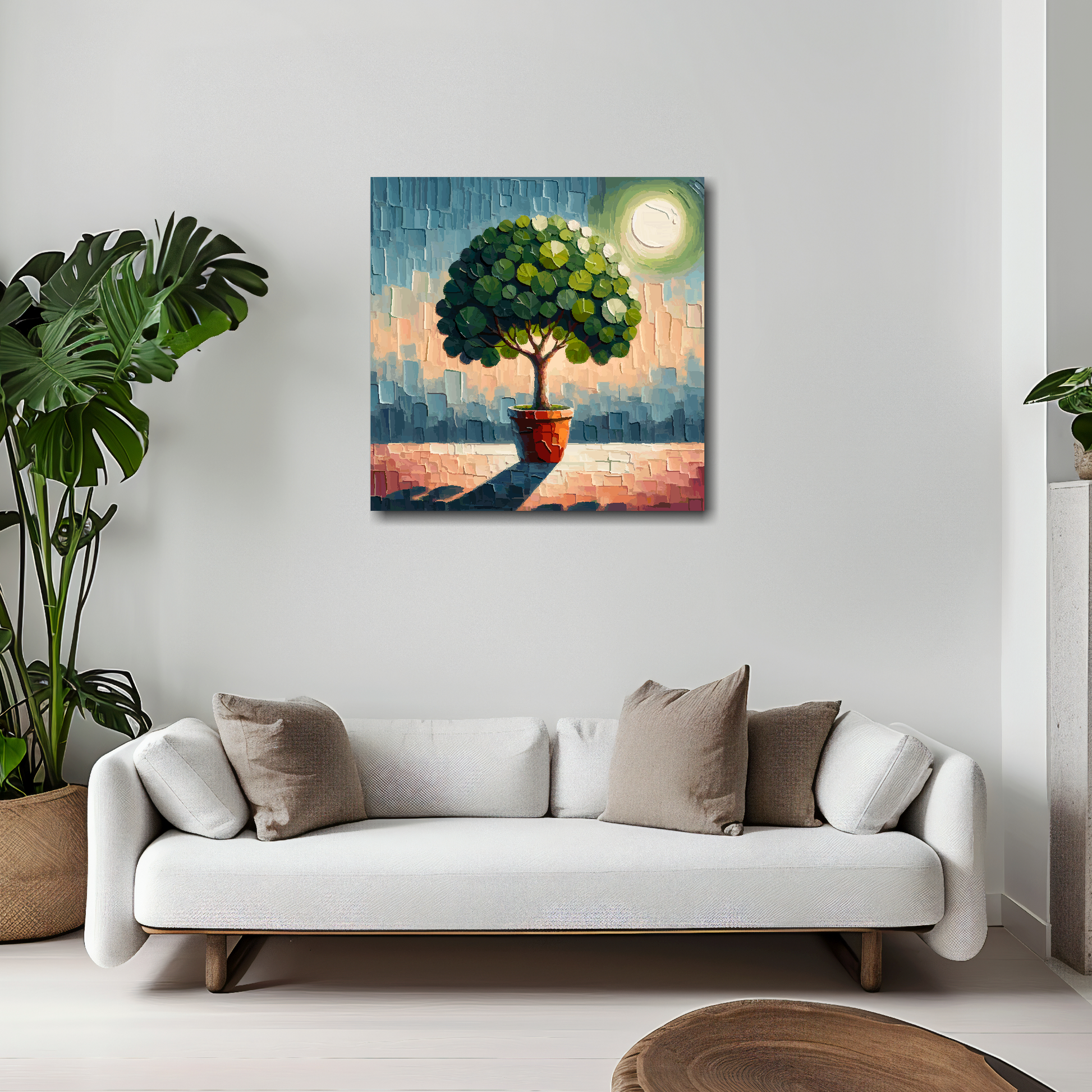 Fig tree canvas 20x20 inches above white sofa - vibrant botanical wall art UK