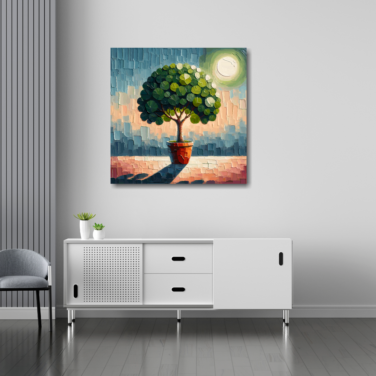 Fig tree canvas 30x30 inches above sideboard - large colourful botanical art UK made
