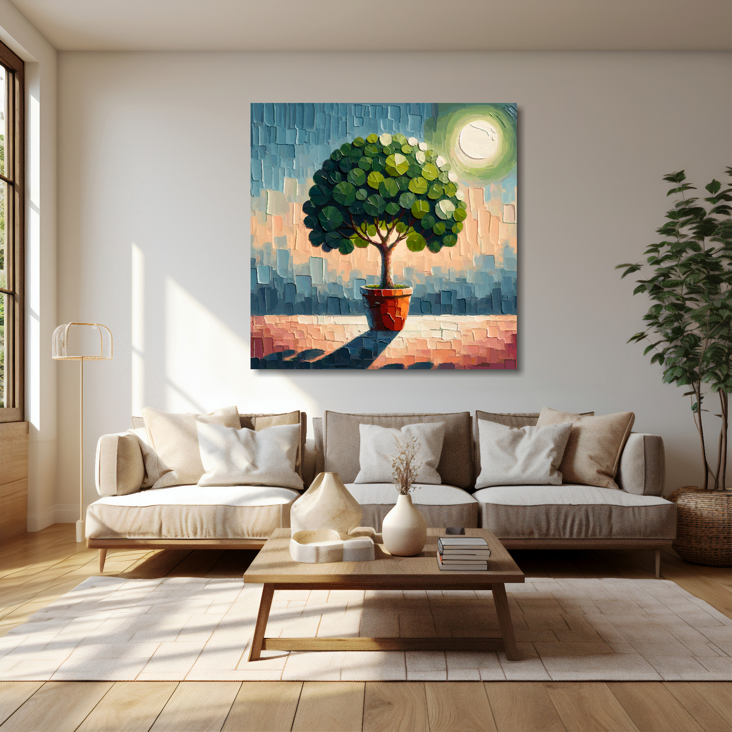 Fig tree canvas 40x40 inches above cream sofa - XL vibrant botanical wall art UK