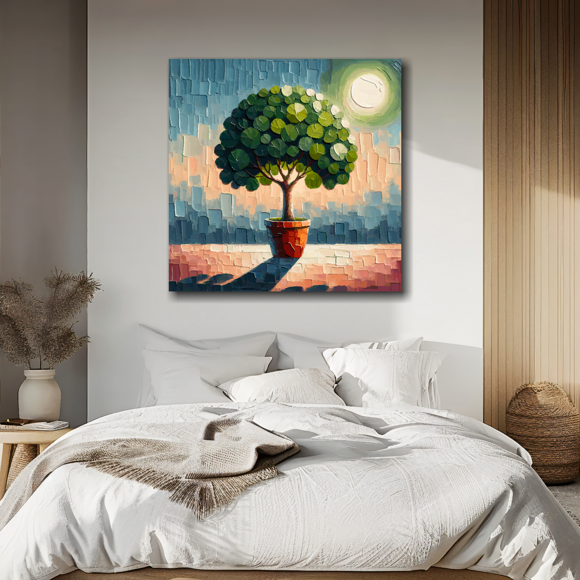 Fig tree canvas above bed - colourful botanical wall decor for UK bedrooms