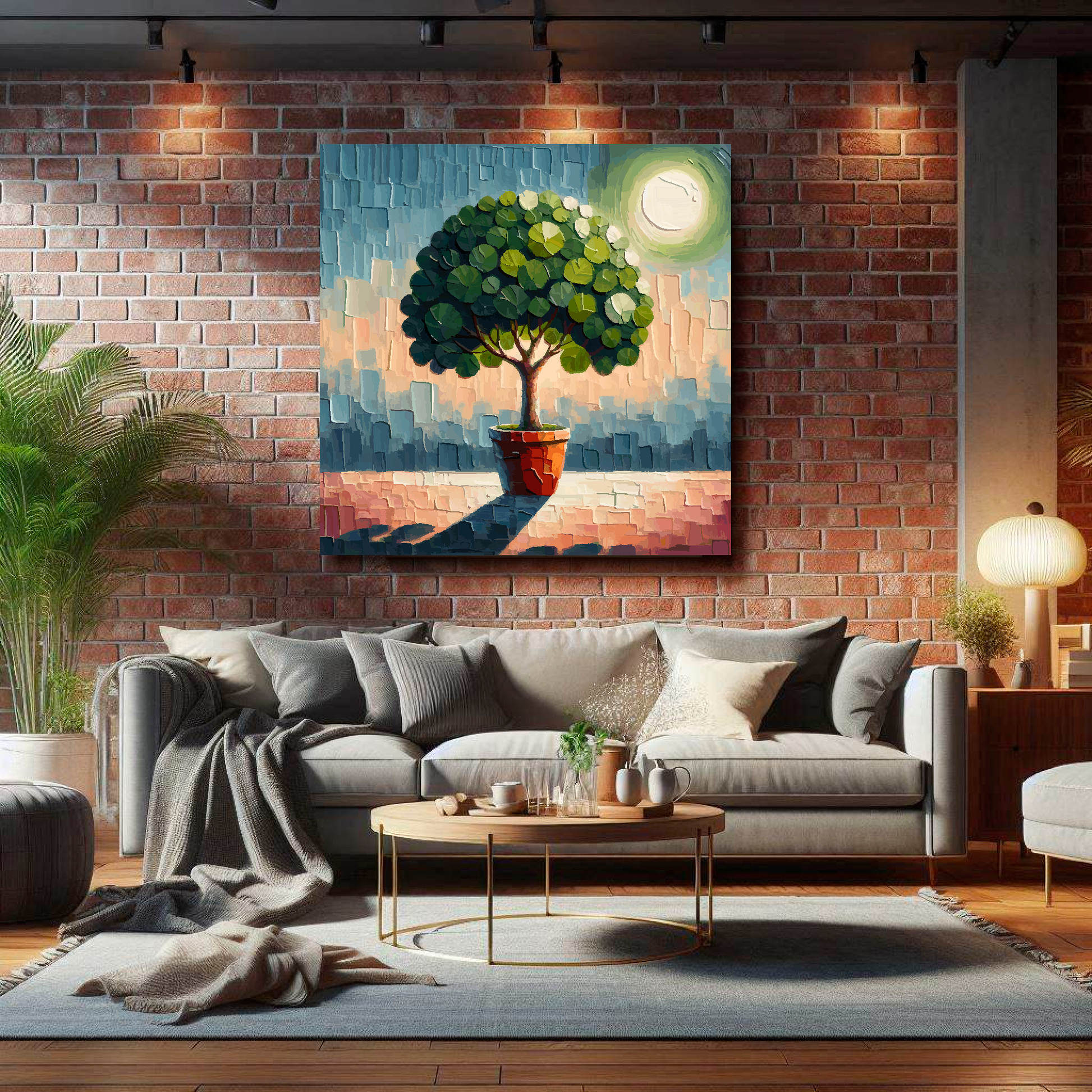 Large fig tree canvas on brick wall above grey sofa - bold botanical art UK living room