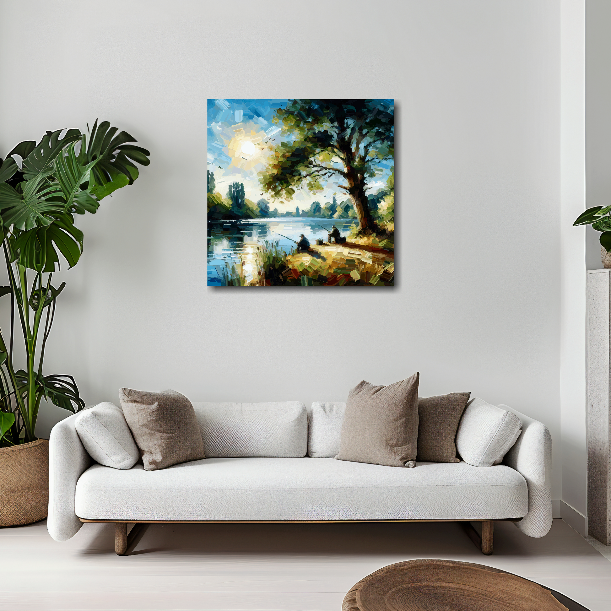 Fishing buddies canvas 20x20 inches above white sofa - vibrant landscape wall art UK