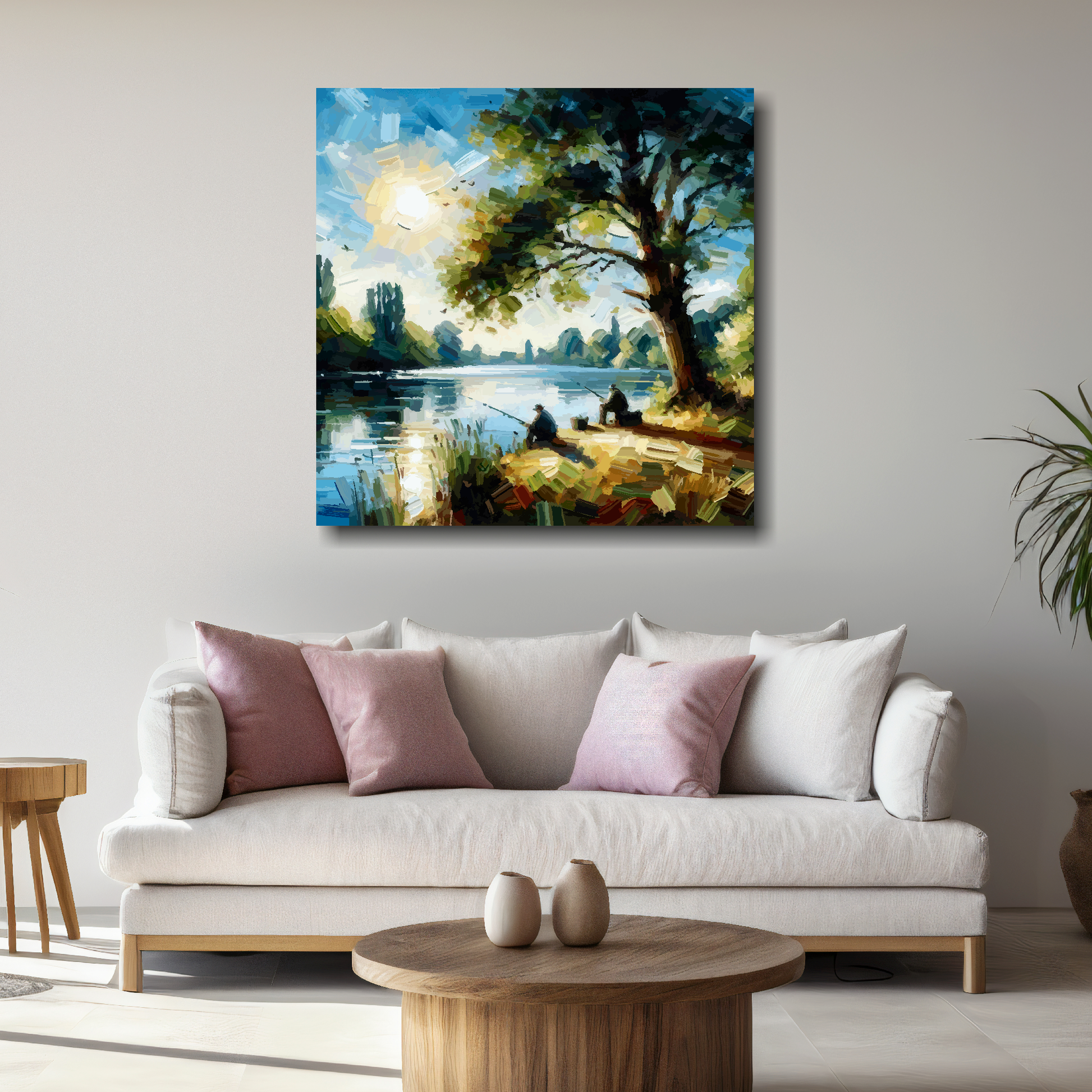 Large fishing buddies canvas above white sofa - vibrant abstract landscape wall art UK