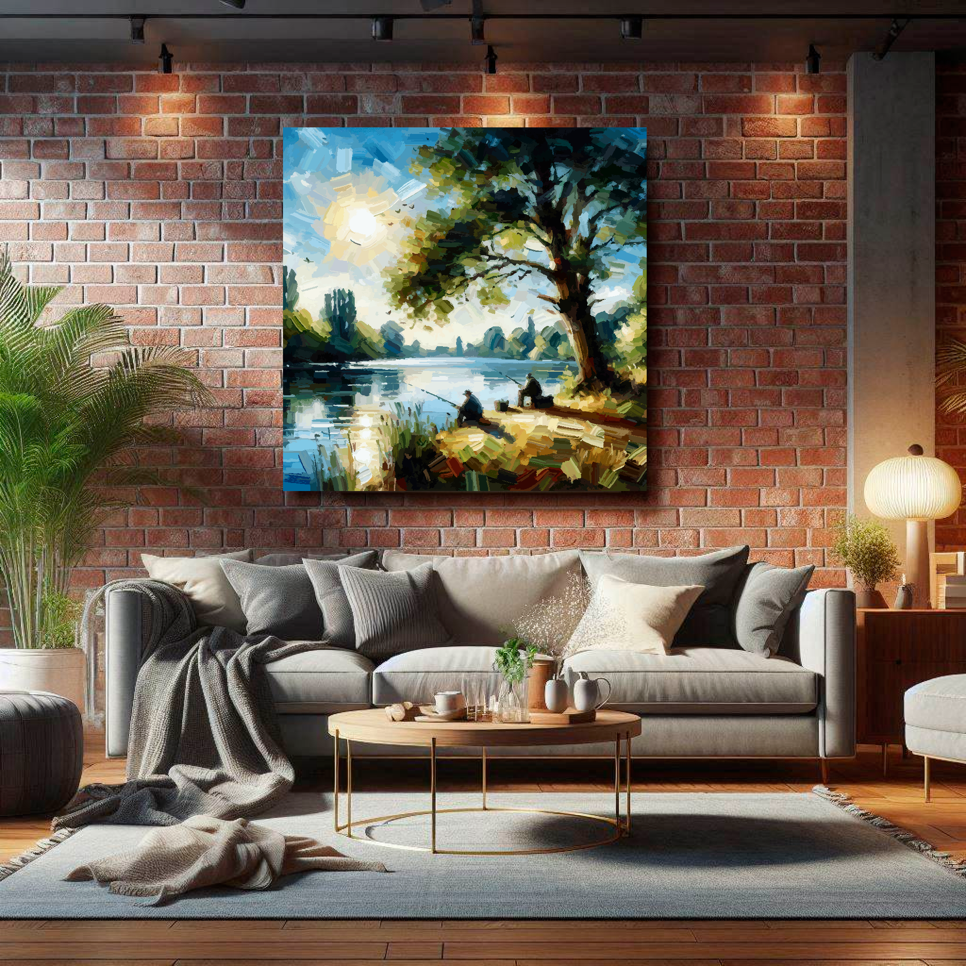 Large fishing buddies canvas on brick wall above grey sofa - bold landscape art UK living room