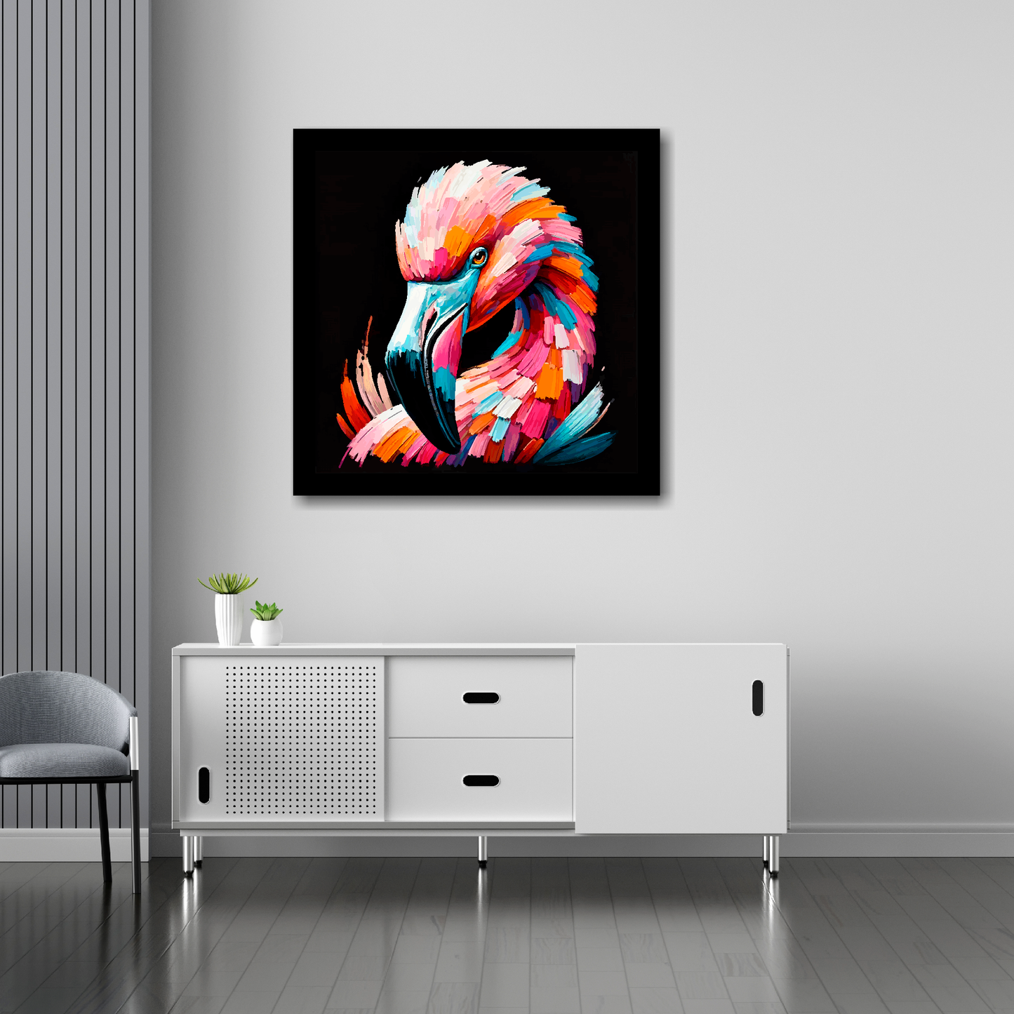 Flamingo canvas 30x30 inches above sideboard - large colourful bird portrait UK made