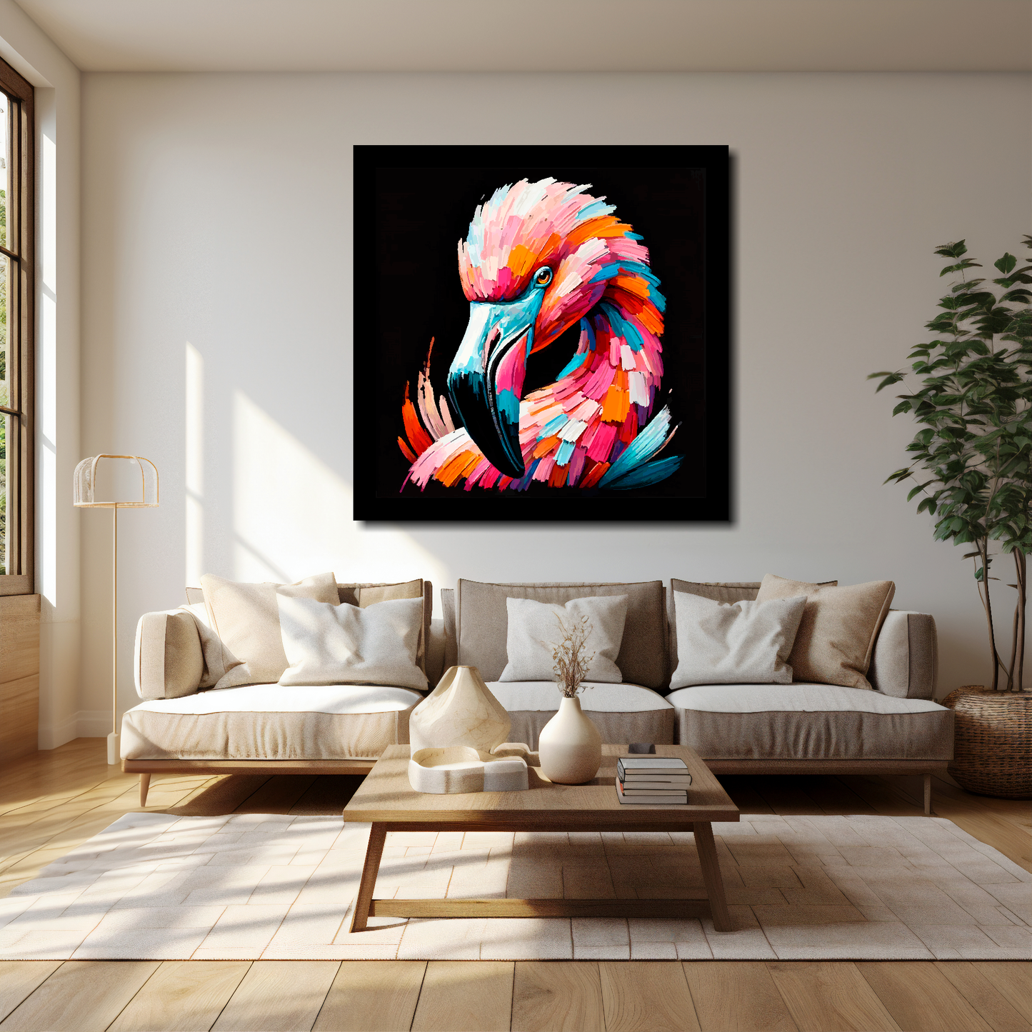 Flamingo canvas 40x40 inches above cream sofa - XL vibrant bird wall art UK
