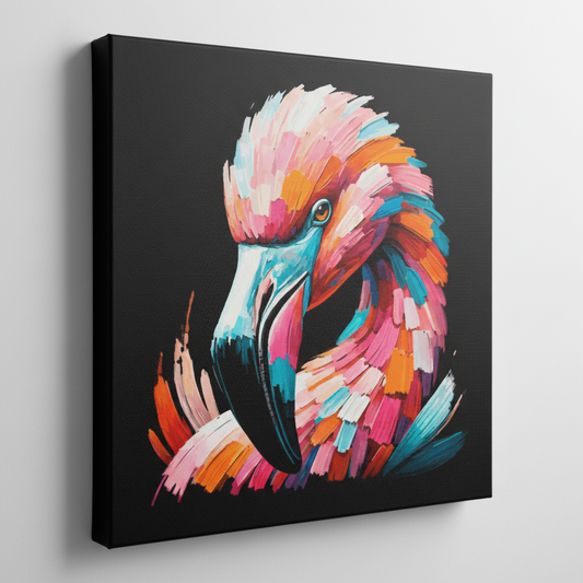 Colourful Flamingo bird portrait canvas print - UK made abstract wildlife wall art black background