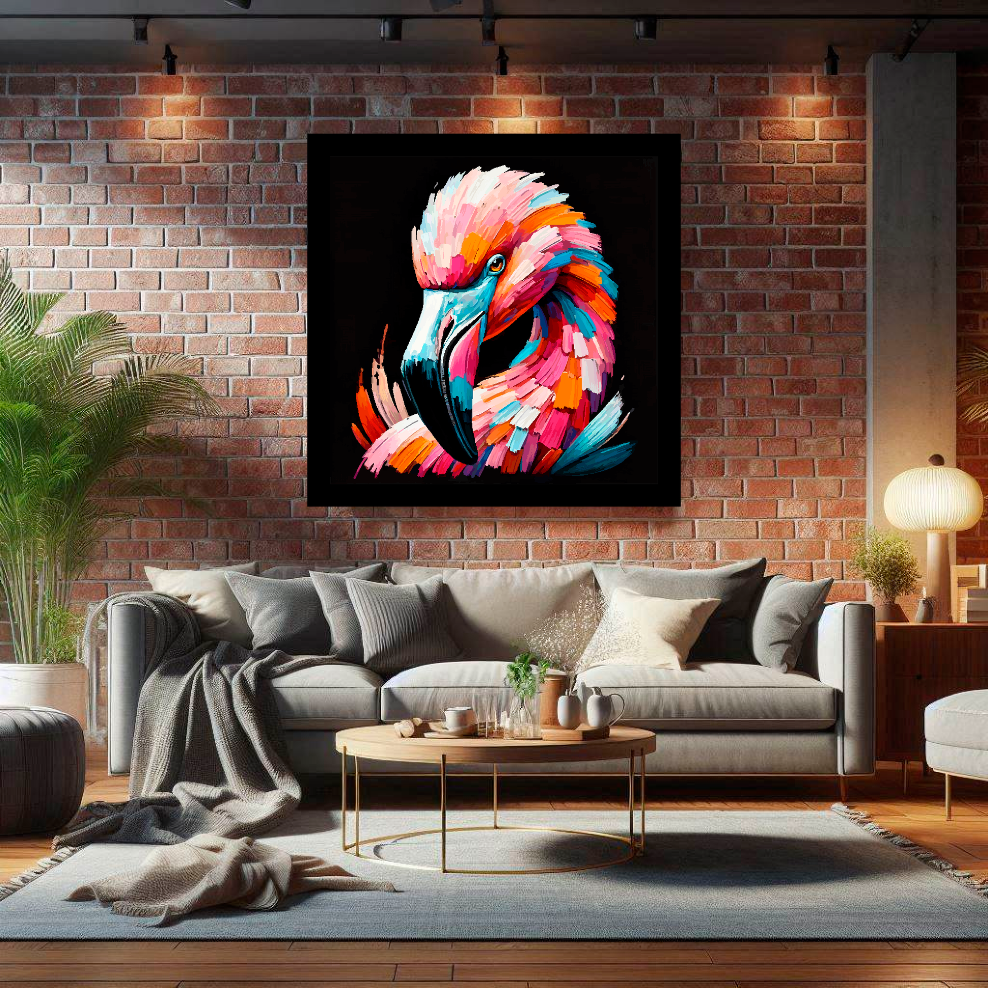 Large Flamingo canvas on brick wall above grey sofa - bold bird portrait UK living room