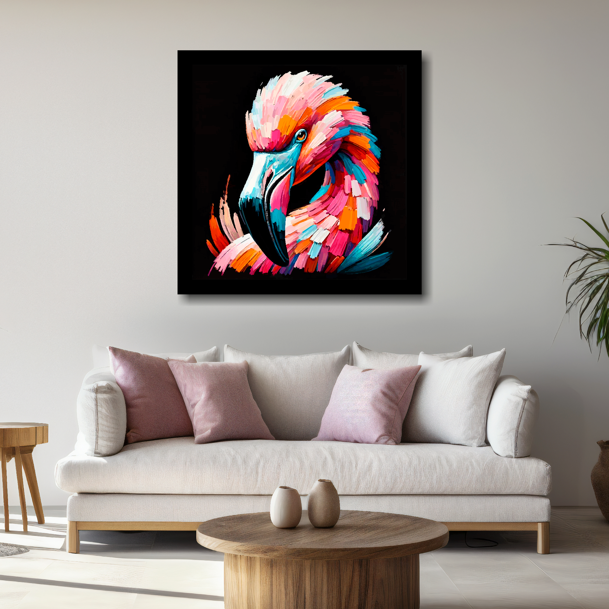 Large Flamingo canvas above white sofa - vibrant abstract bird portrait wall art UK