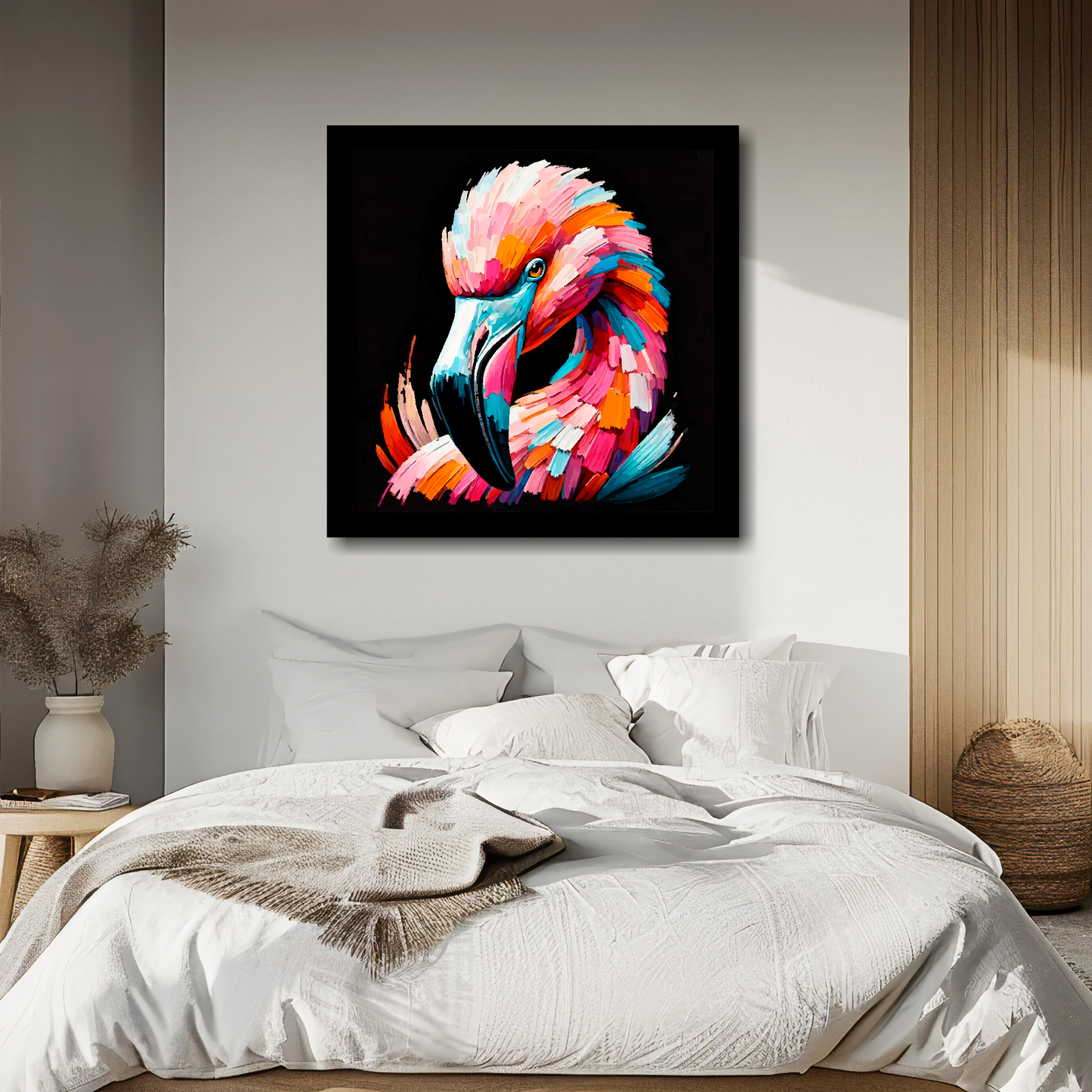 Flamingo portrait canvas above bed - colourful bird wall decor for UK bedrooms