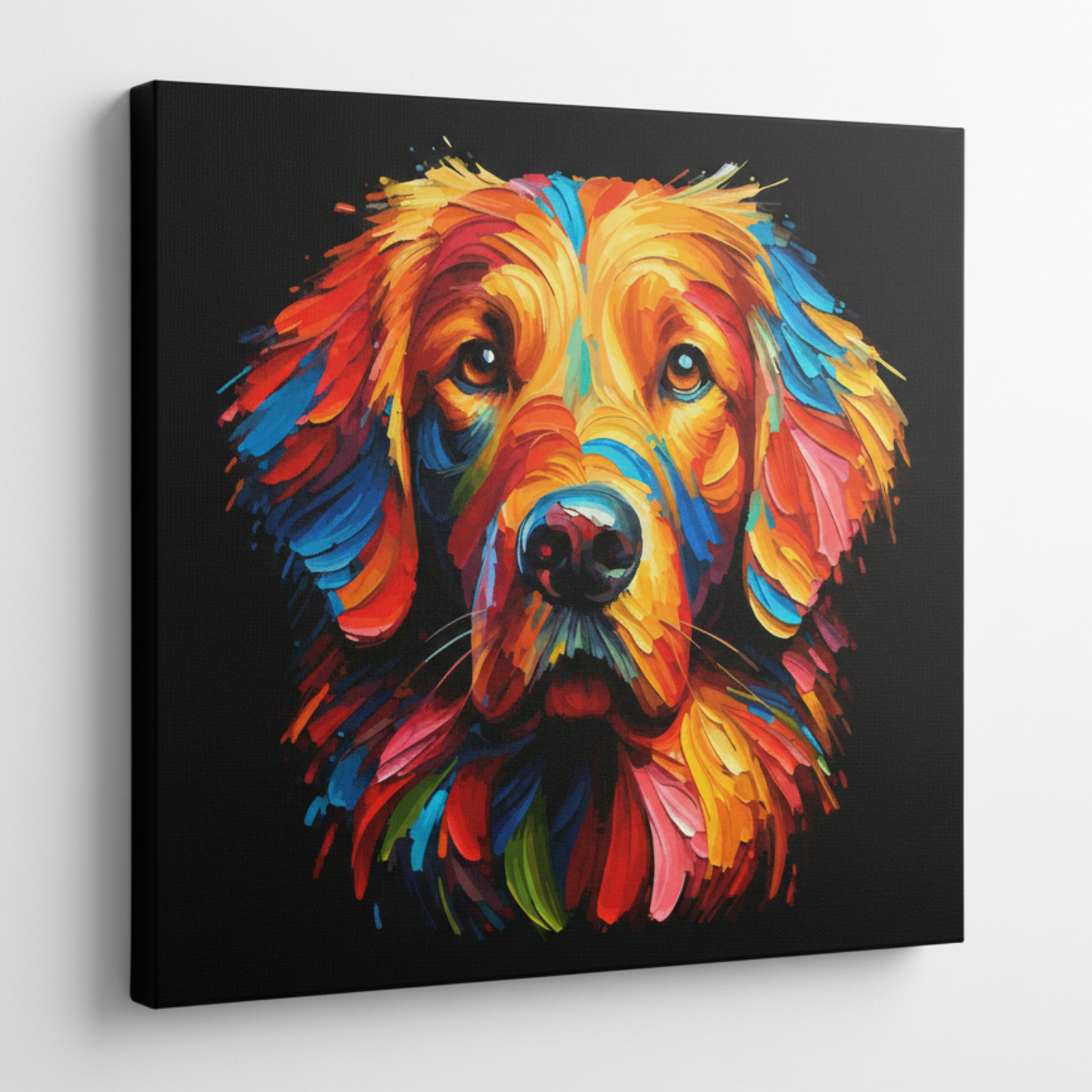 Colourful Flat Coated Retriever dog portrait canvas print - UK made abstract pet wall art black background
