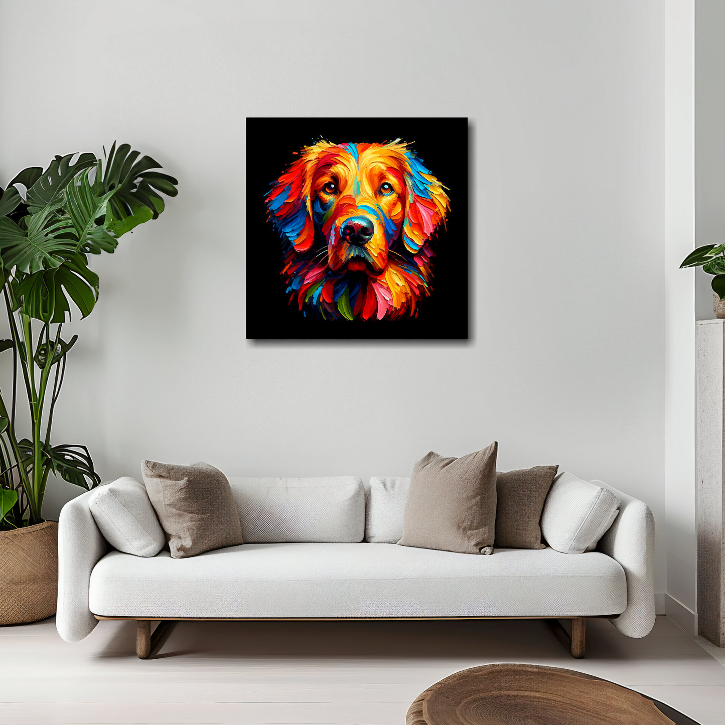 Flat Coated Retriever canvas 20x20 inches above white sofa - vibrant dog portrait wall art UK