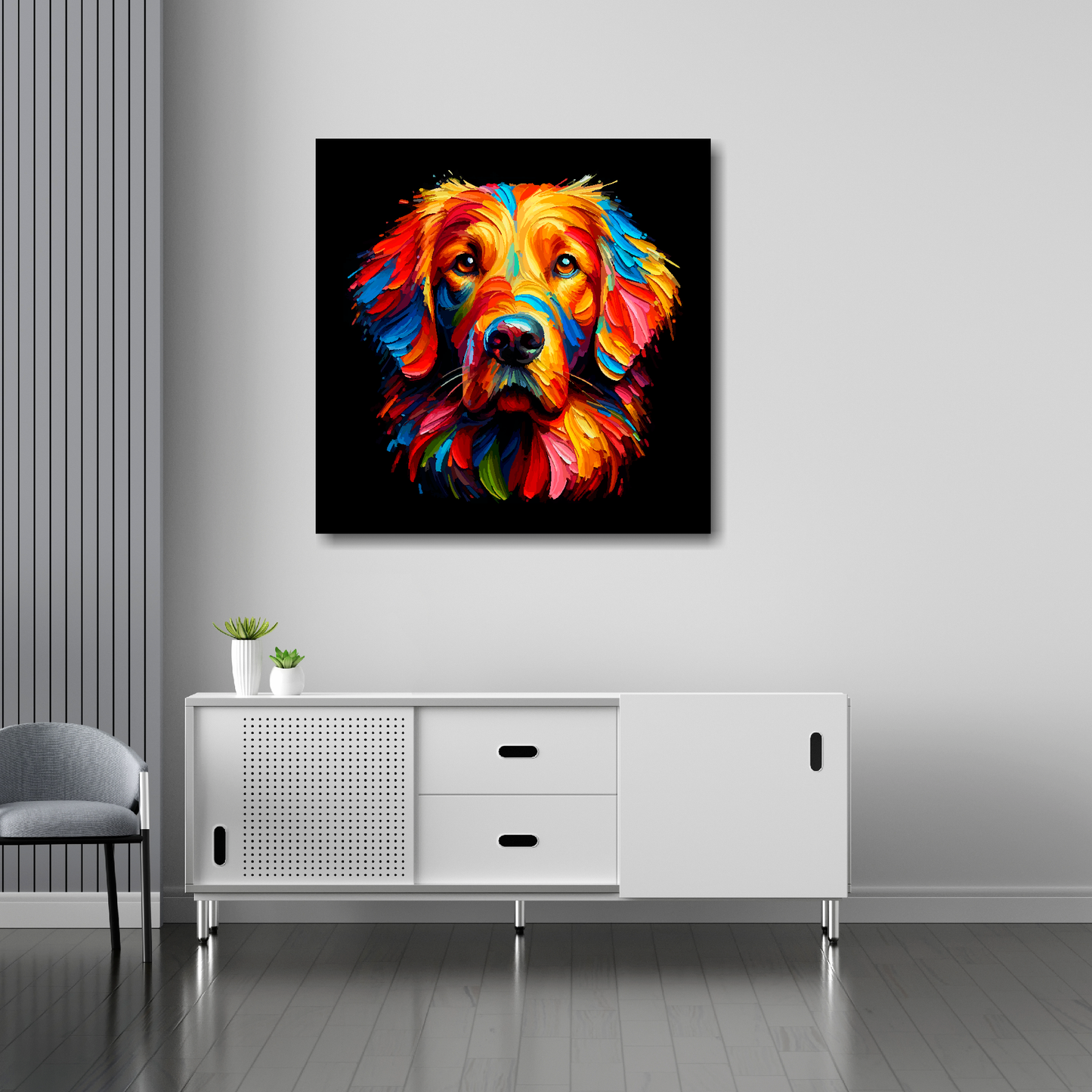 Flat Coated Retriever canvas 30x30 inches above sideboard - large colourful dog portrait UK made