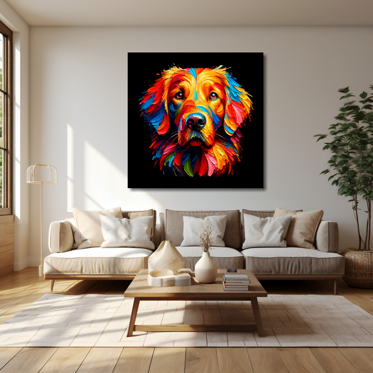 Flat Coated Retriever canvas 40x40 inches above cream sofa - XL vibrant dog wall art UK
