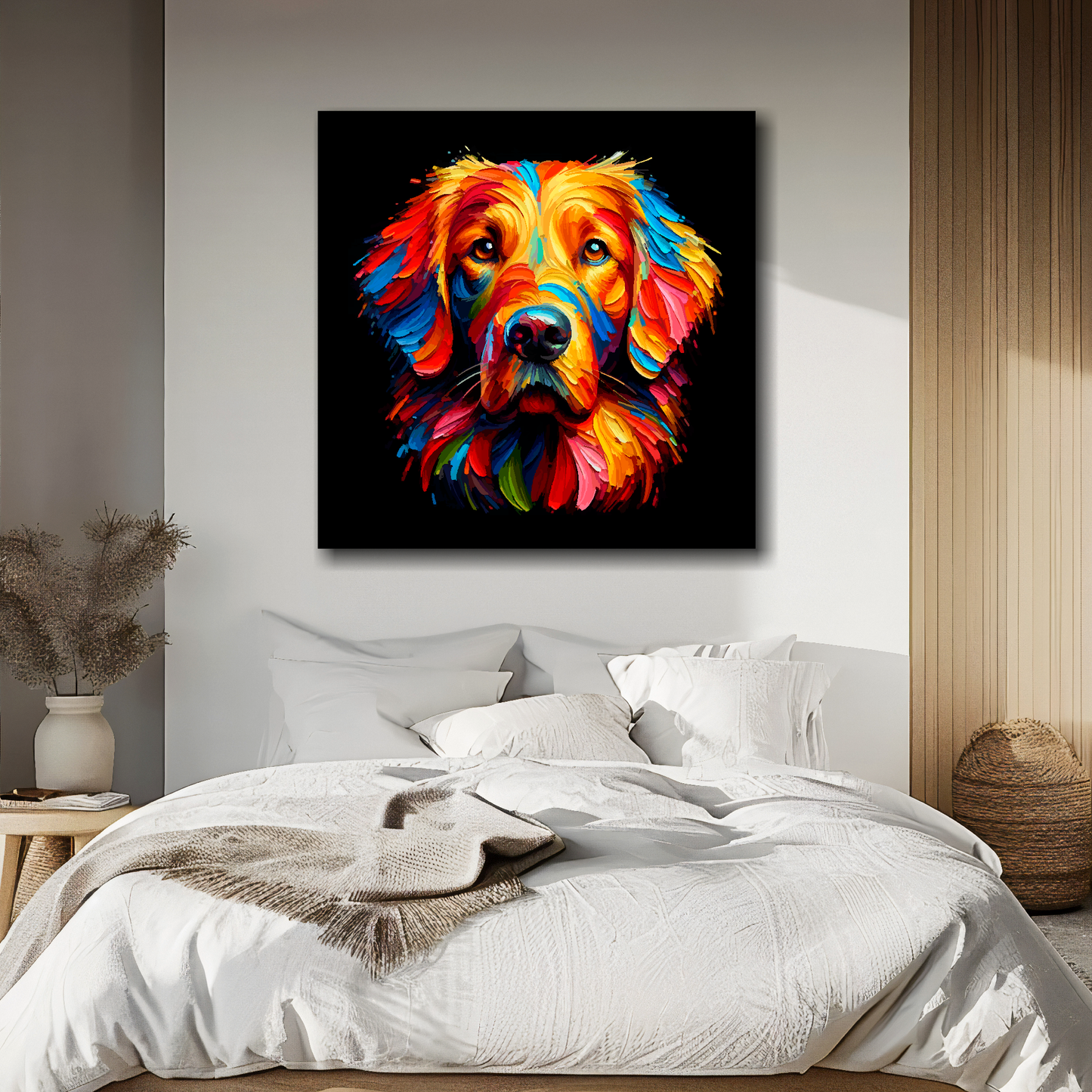 Flat Coated Retriever portrait canvas above bed - colourful dog wall decor for UK bedrooms