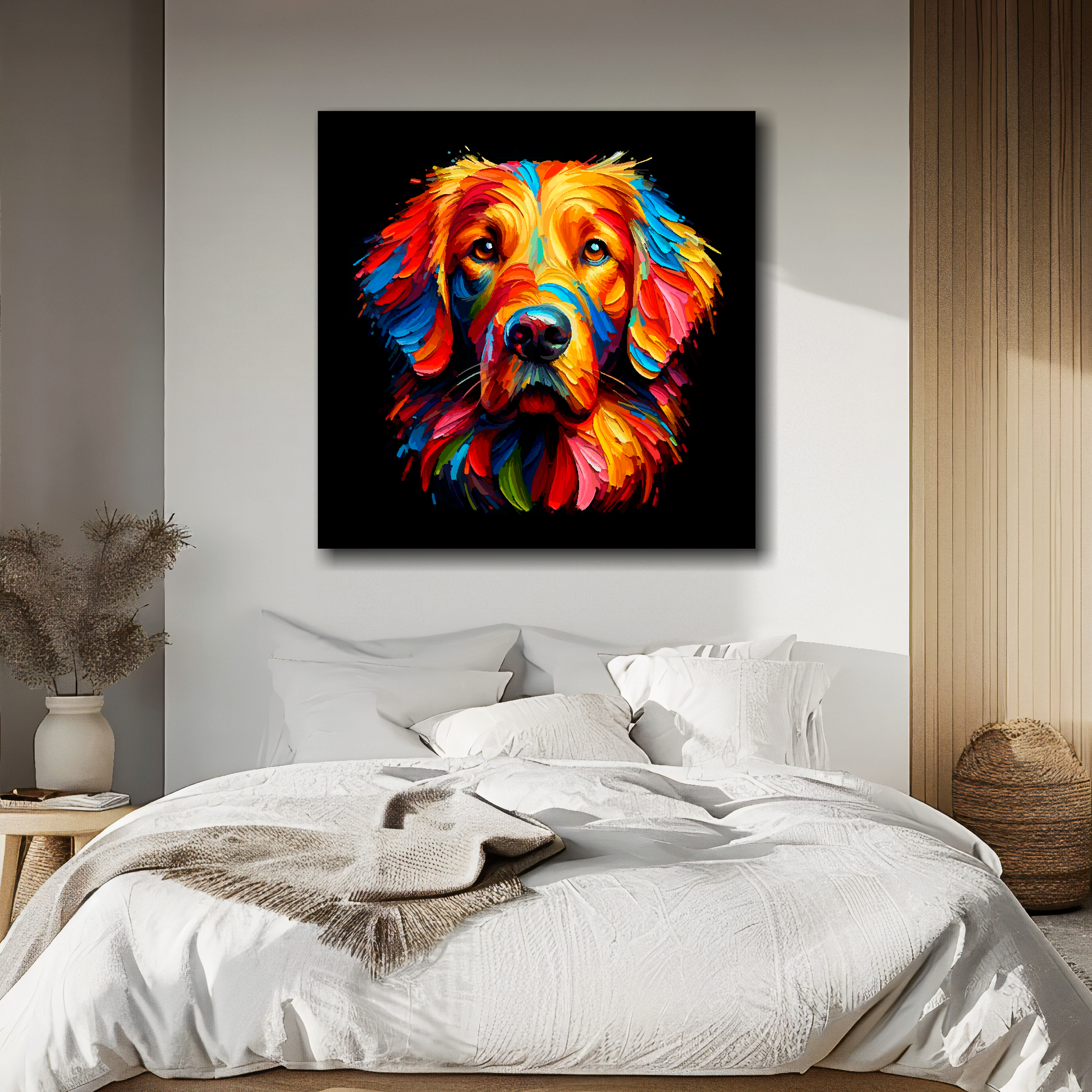 Flat Coated Retriever portrait canvas above bed - colourful dog wall decor for UK bedrooms