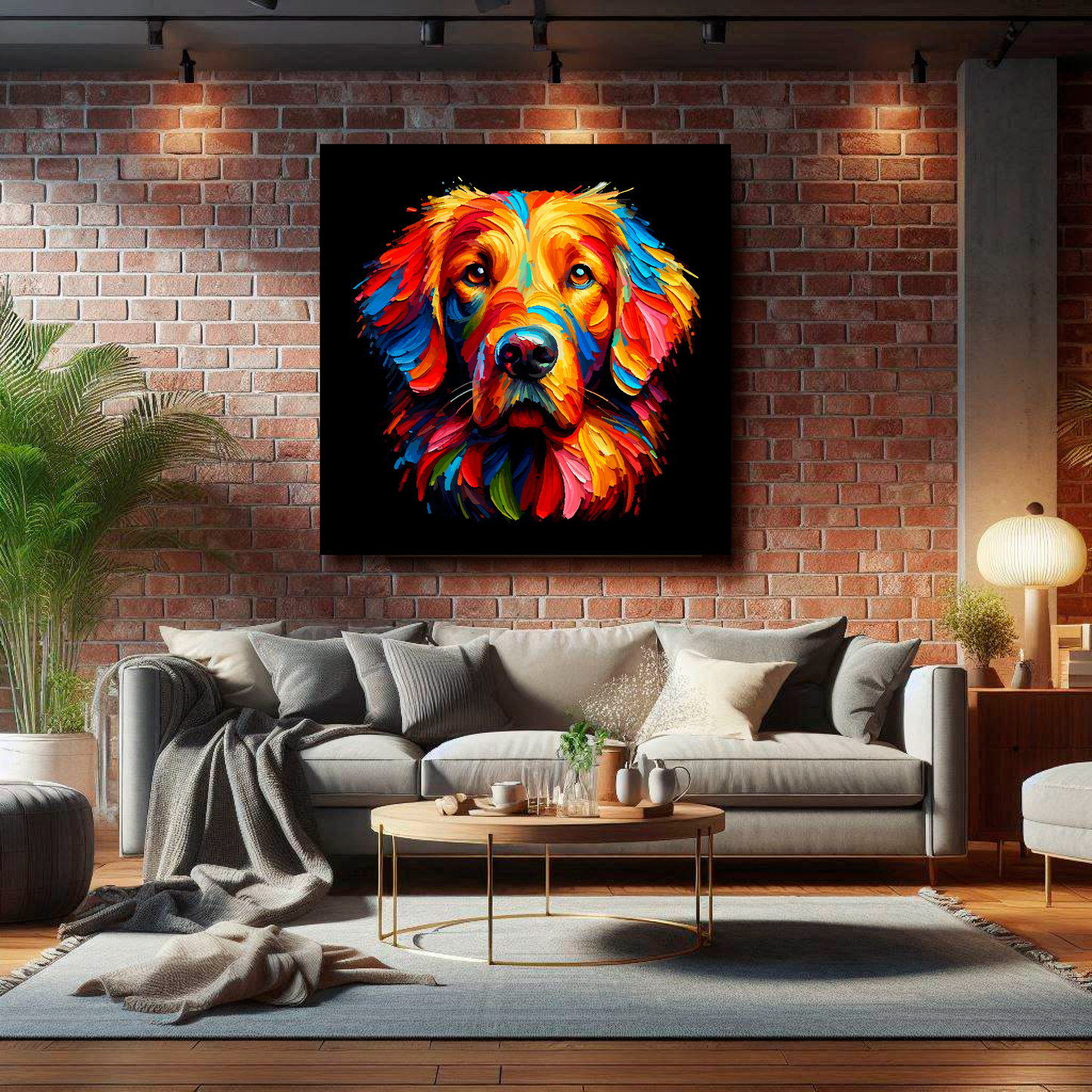 Large Flat Coated Retriever canvas on brick wall above grey sofa - bold dog portrait UK living room