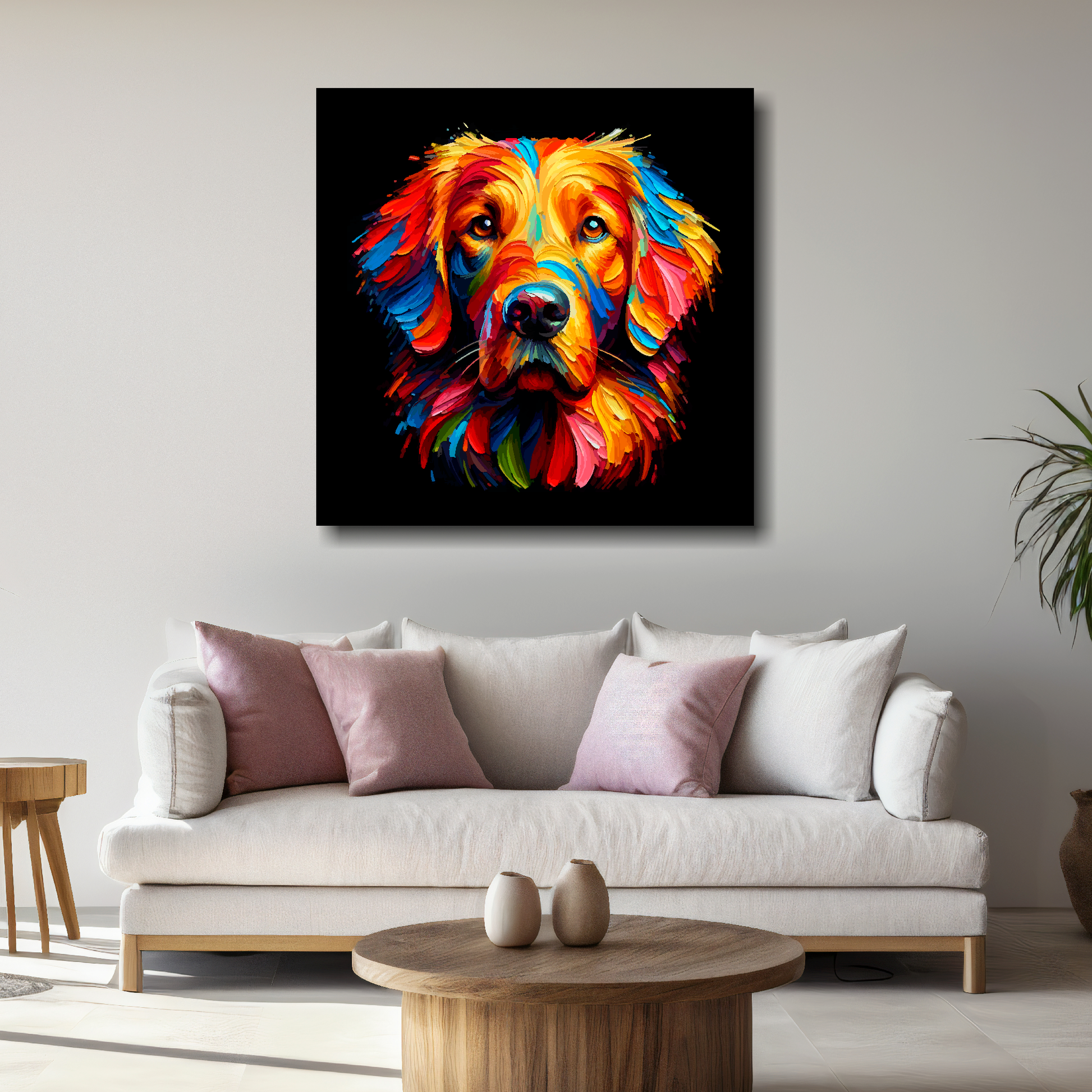 Large Flat Coated Retriever canvas above white sofa - vibrant abstract dog portrait wall art UK