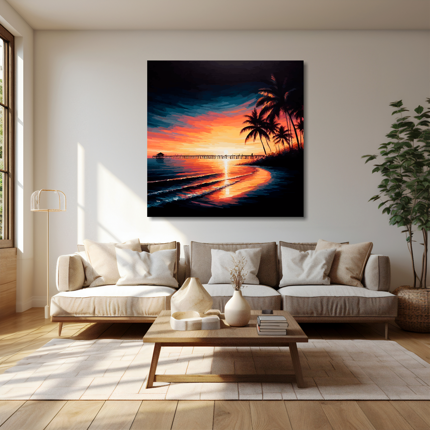 Florida sunset canvas 40x40 inches above cream sofa - XL vibrant landscape wall art UK