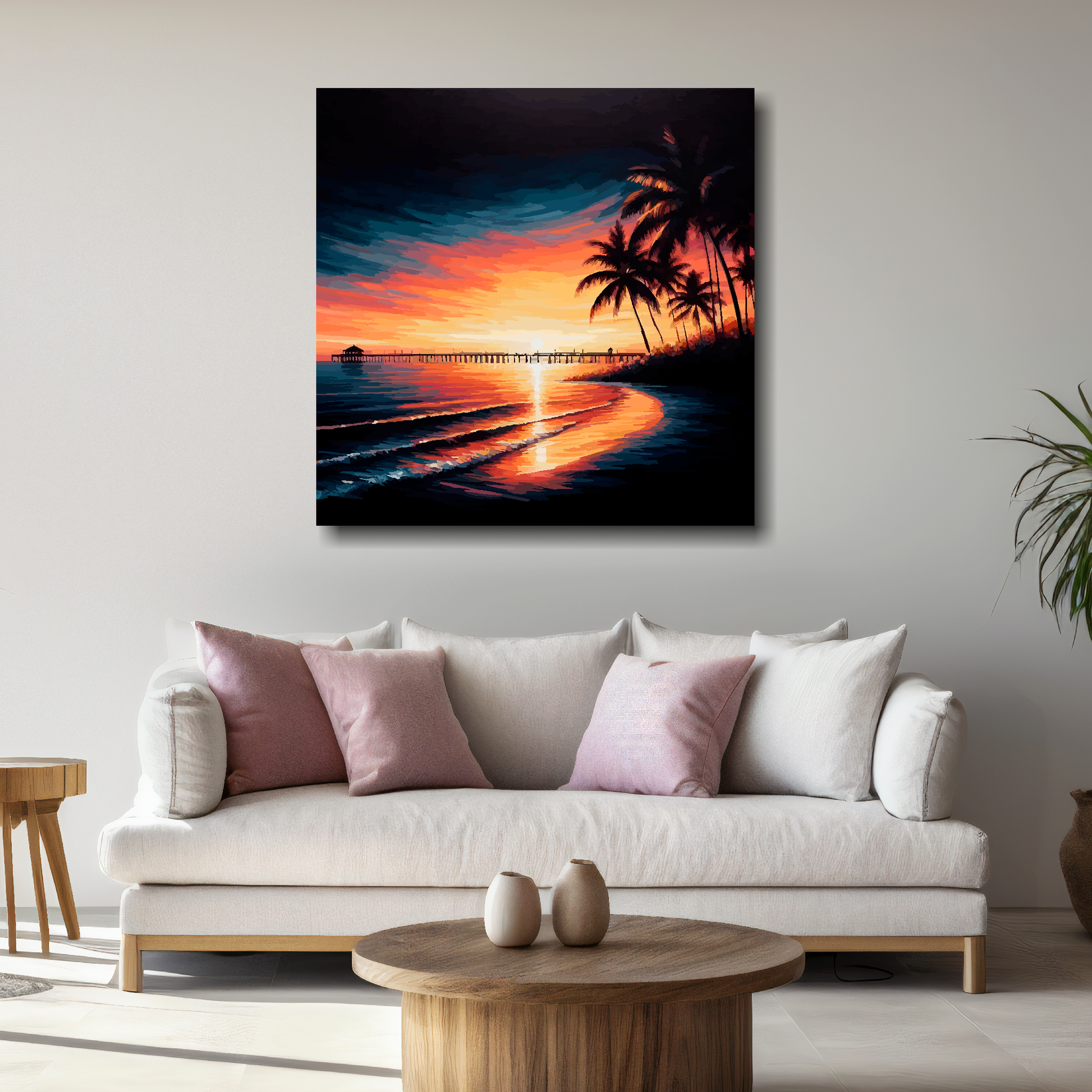 Large Florida sunset canvas above white sofa - vibrant abstract landscape wall art UK

