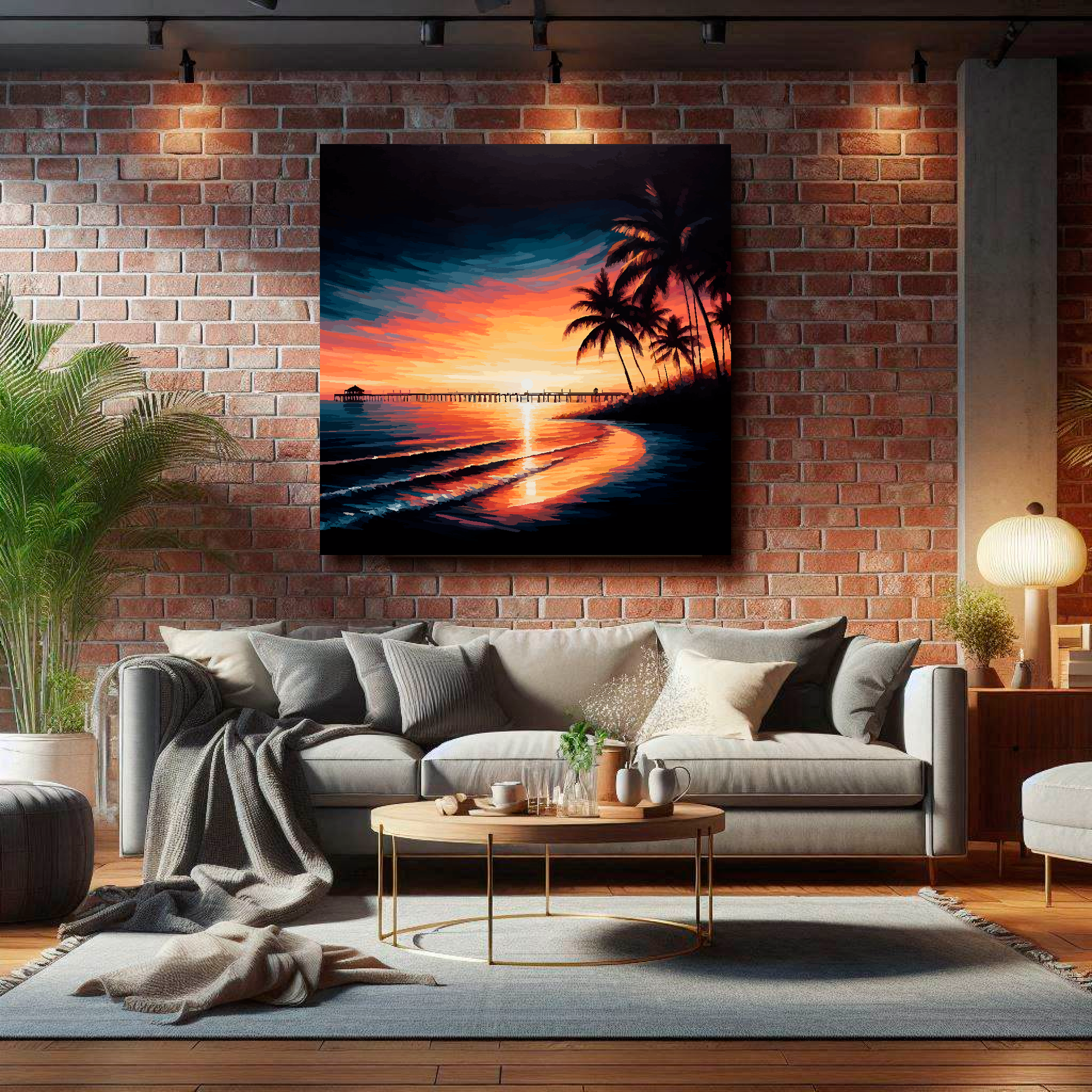 Large Florida sunset canvas on brick wall above grey sofa - bold landscape art UK living room