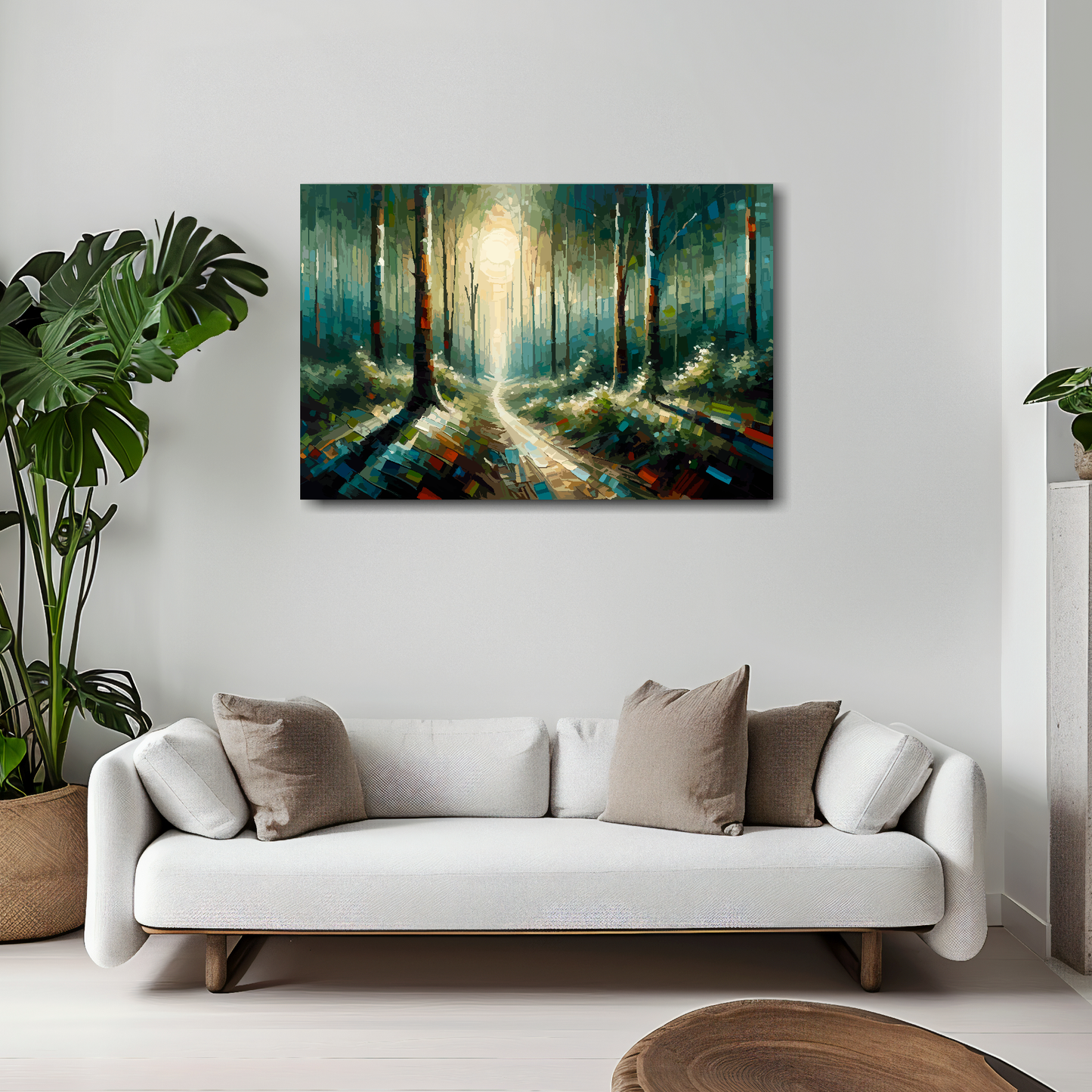 Forest path canvas 30x20 inches above white sofa - vibrant landscape wall art UK
