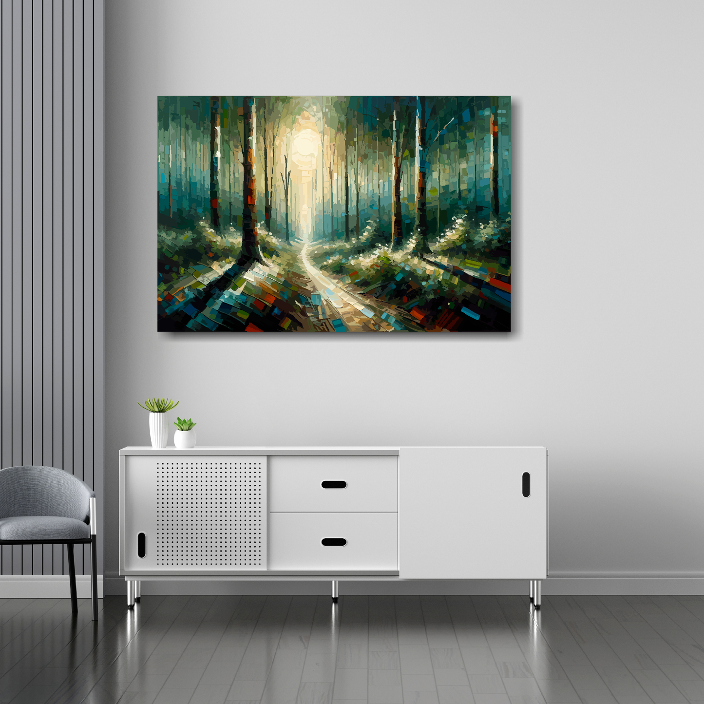Forest path canvas 36x24 inches above sideboard - large colourful landscape art UK made