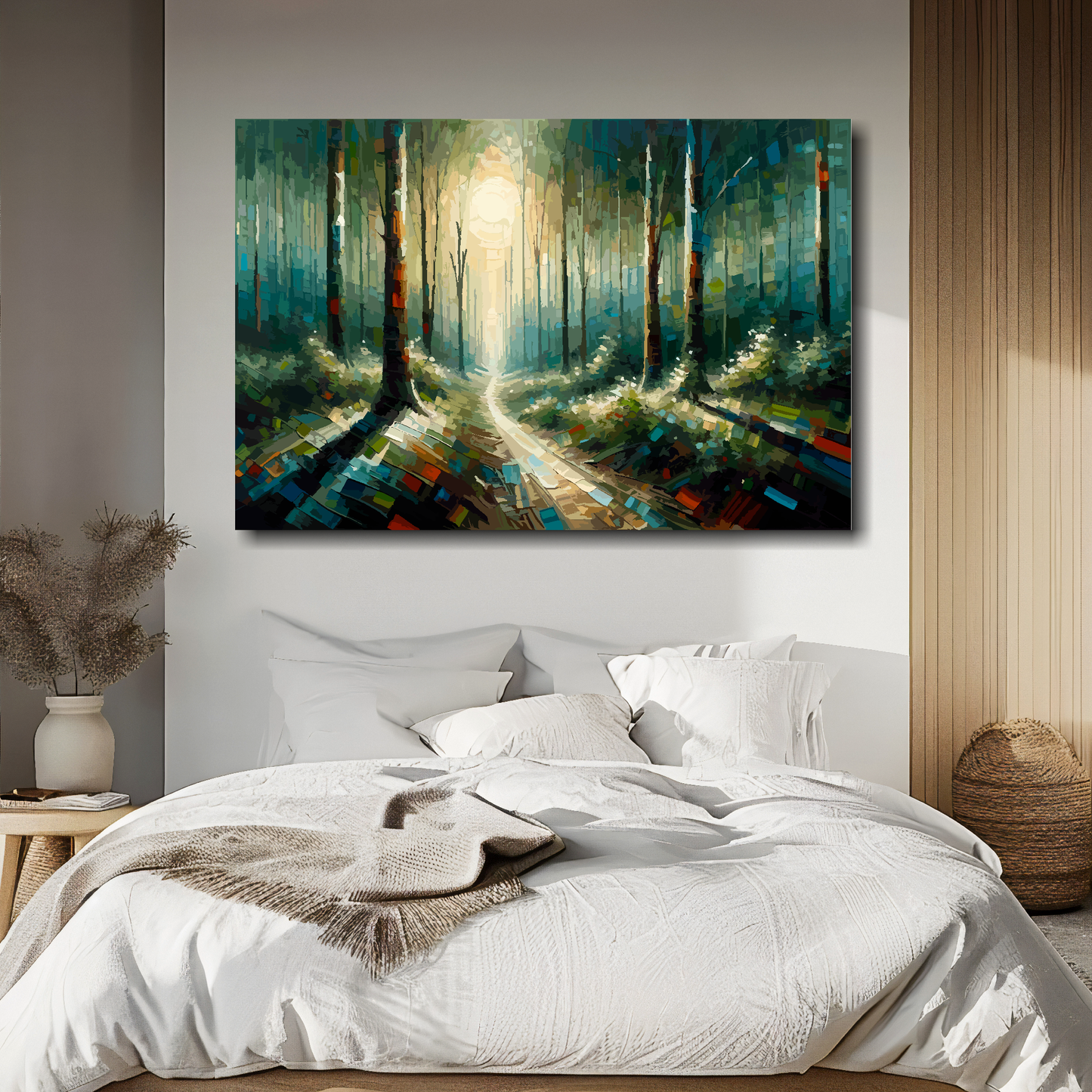 Forest path canvas above bed - colourful landscape wall decor for UK bedrooms