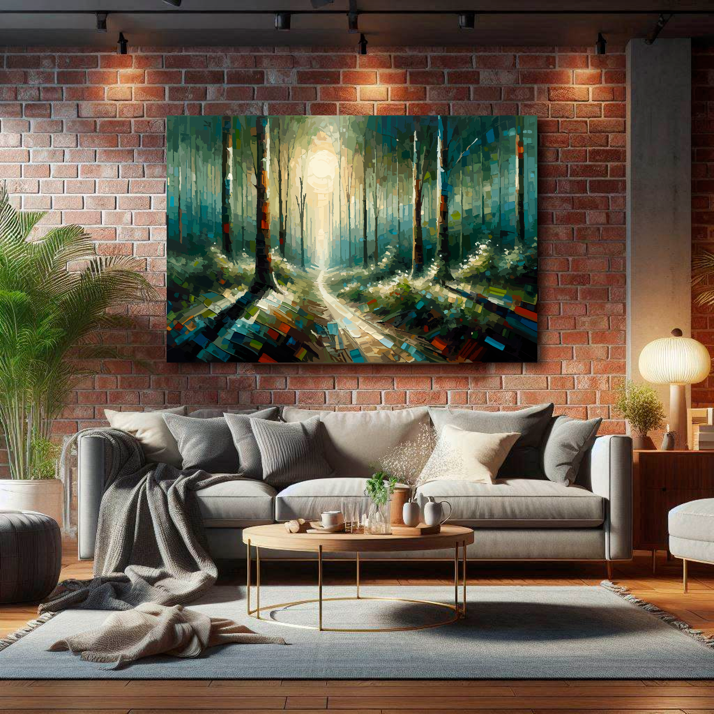 Large forest path canvas on brick wall above grey sofa - bold landscape art UK living room