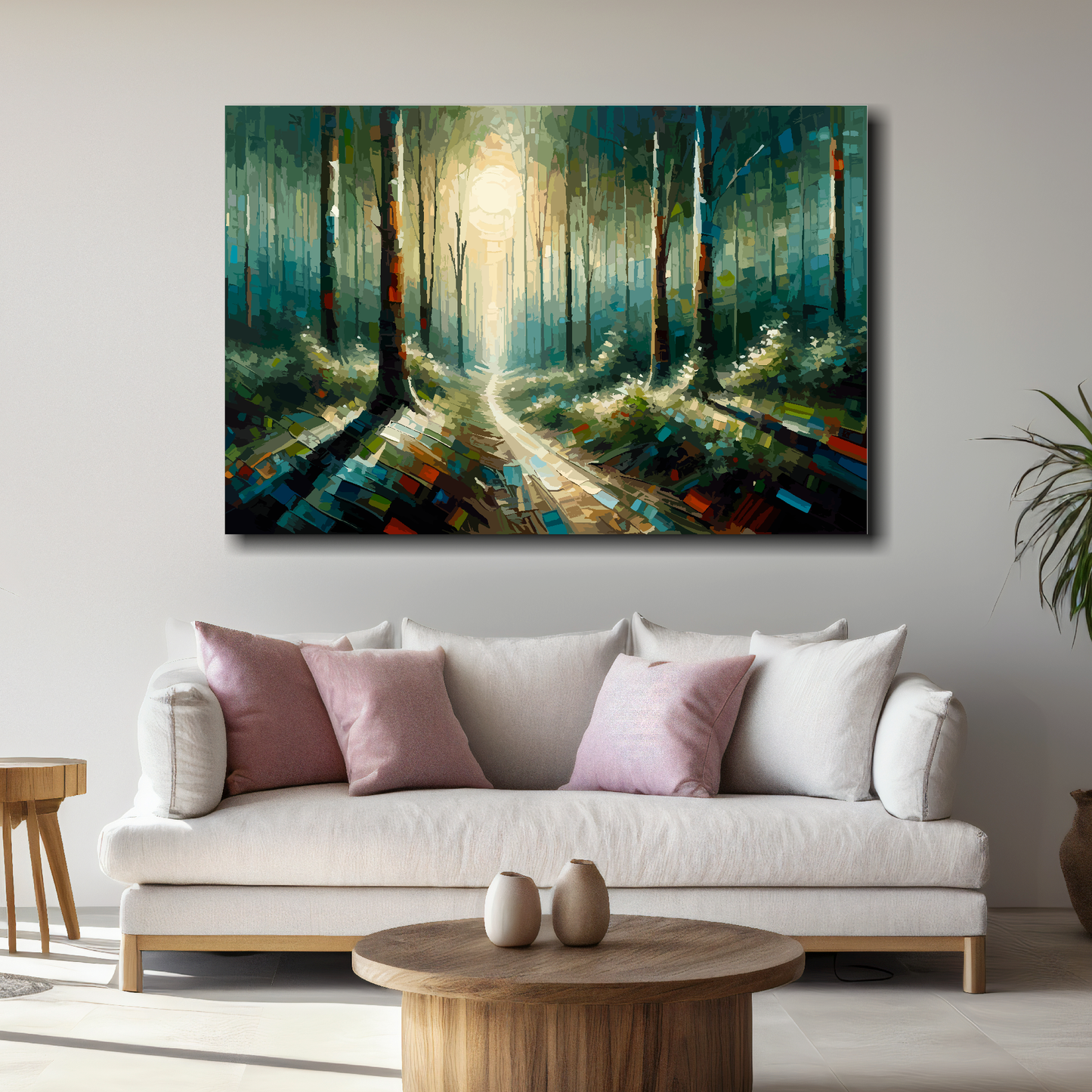 Large forest path canvas above white sofa - vibrant abstract landscape wall art UK